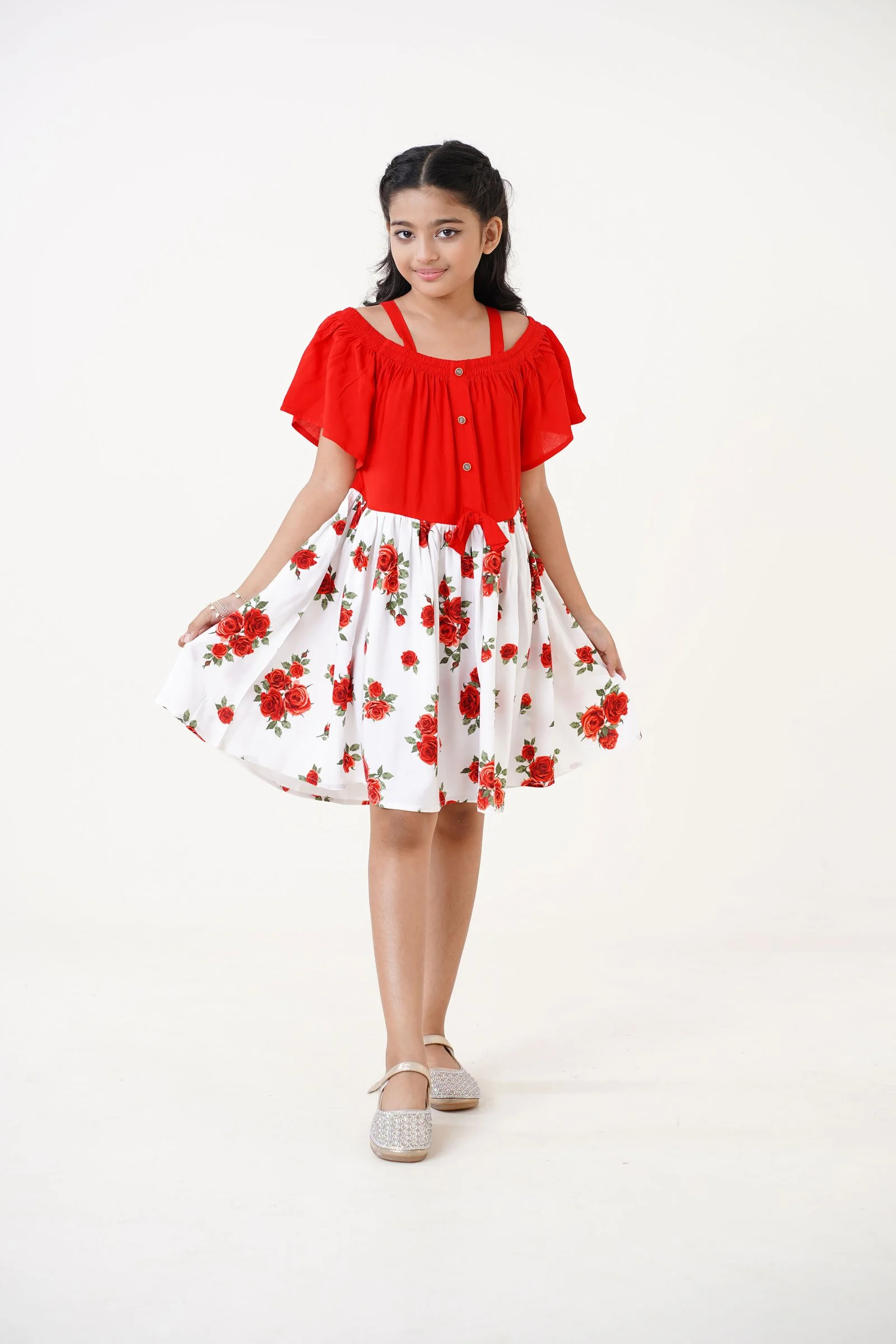Red Off-Shoulder Rose Print Flared Dress for Girls