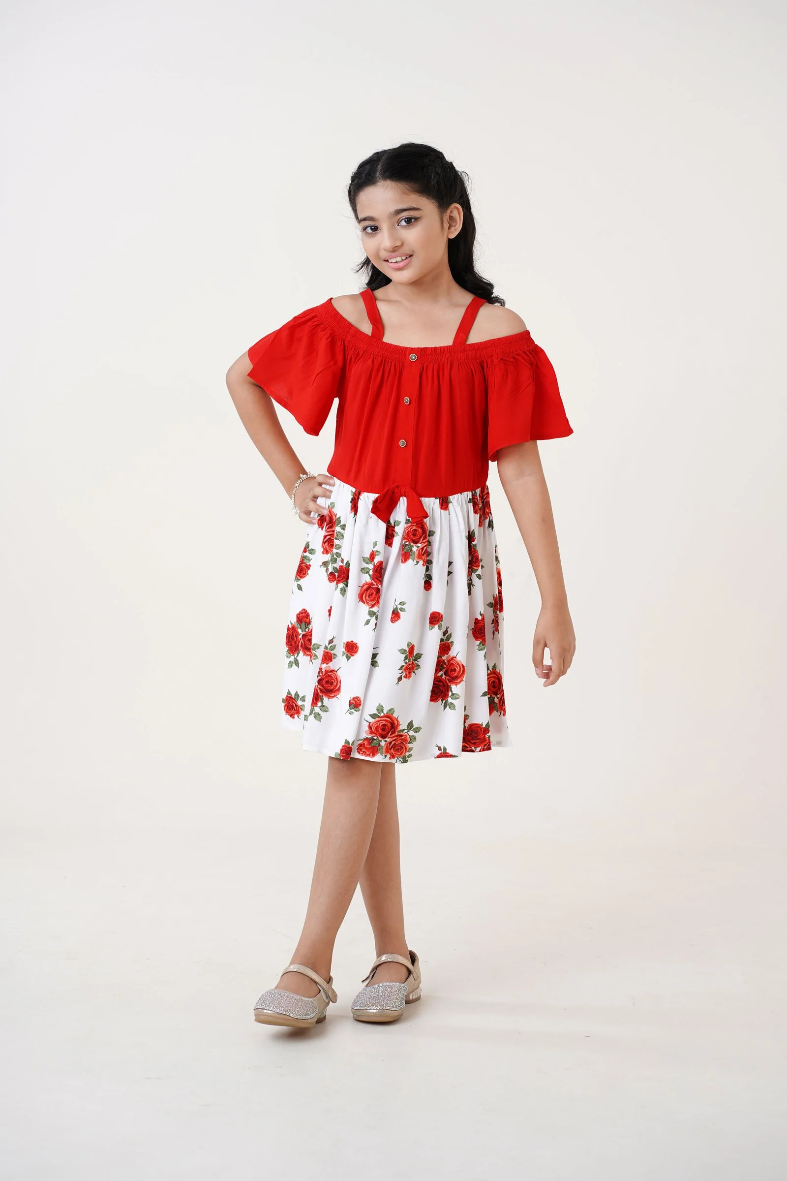 Red Off-Shoulder Rose Print Flared Dress for Girls Red gallery image