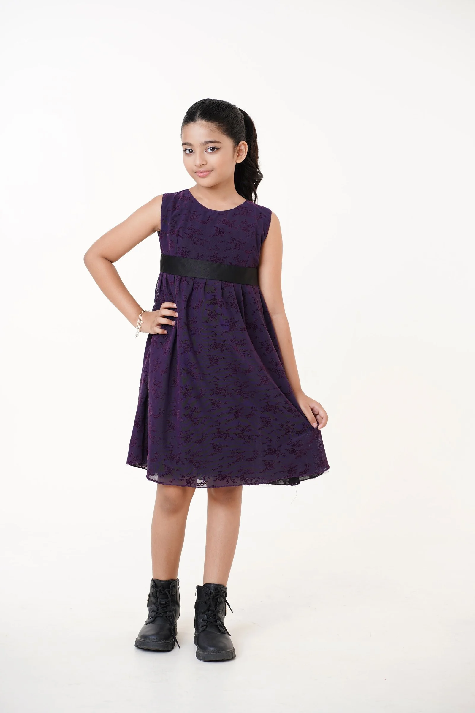 Royal Purple Floral Jacquard A-Line Dress with Black Waistband for Girls Royal Purple gallery image