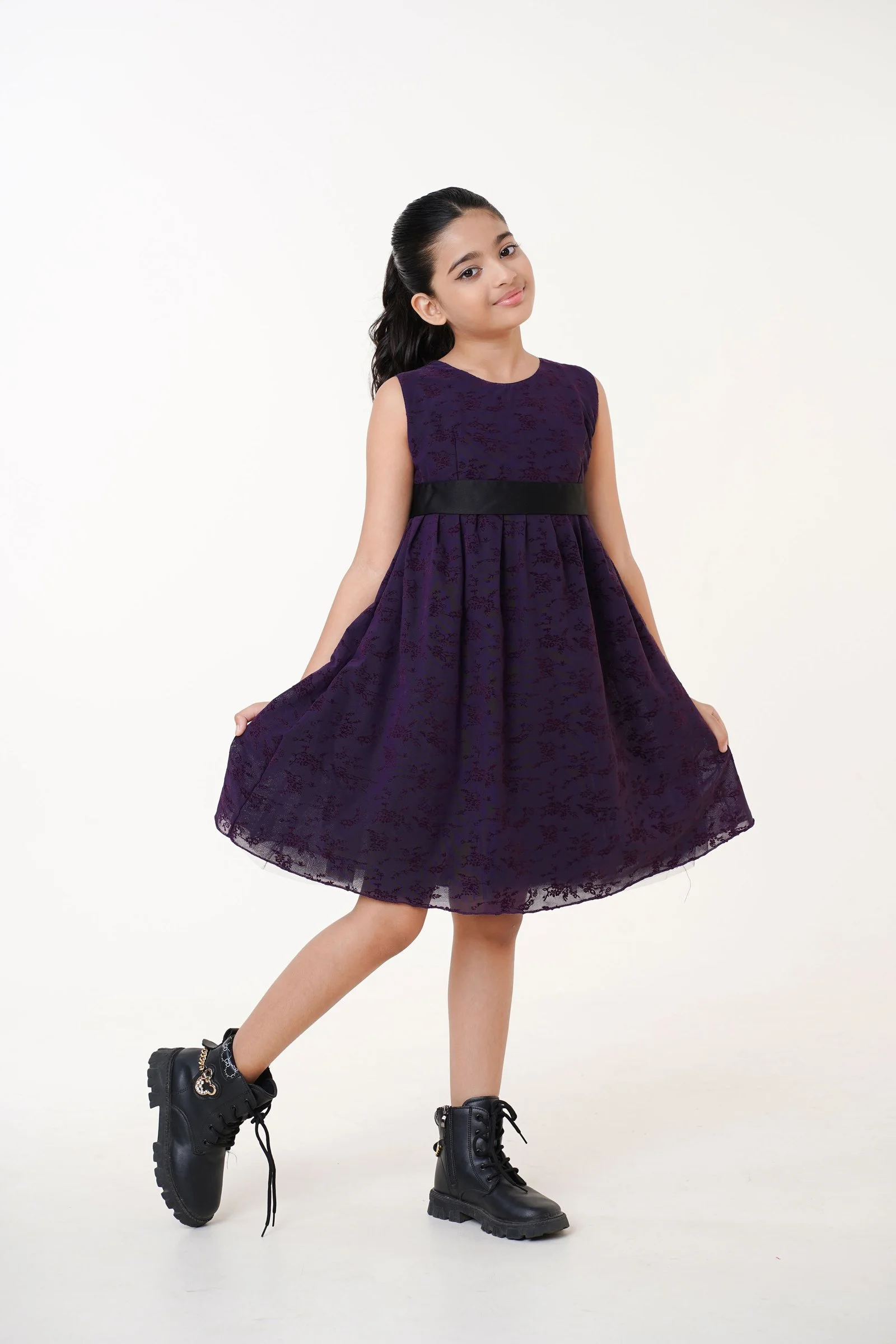 Royal Purple Floral Jacquard A-Line Dress with Black Waistband for Girls
