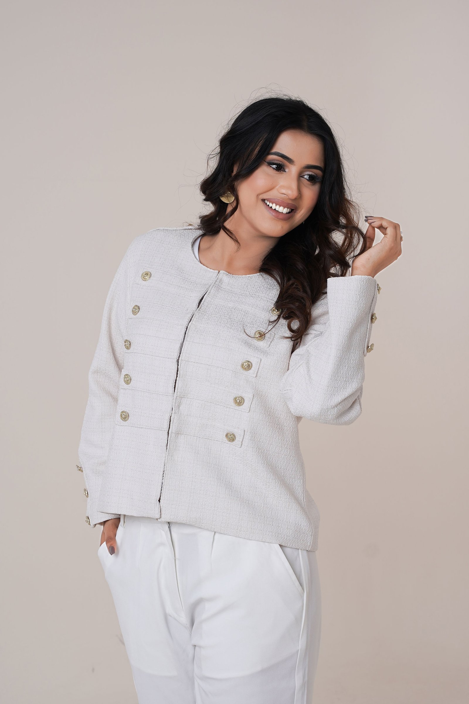 Ivory Luxe Textured Button Winter Jacket for Women