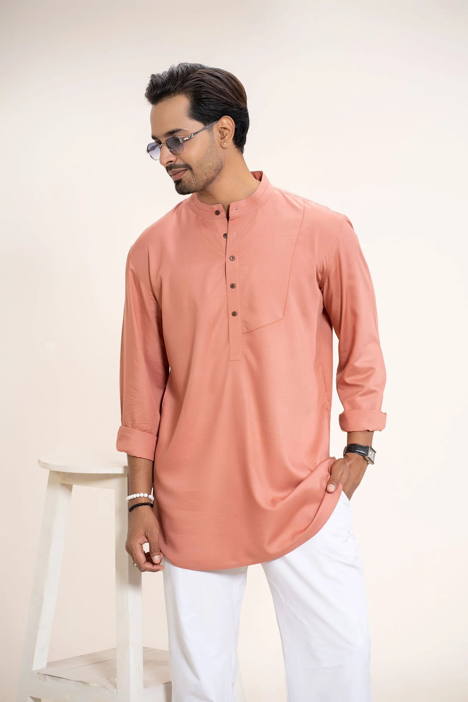 Men’s Solid Peach Long Sleeve Mandarin Collar Traditional Fashion Kurta