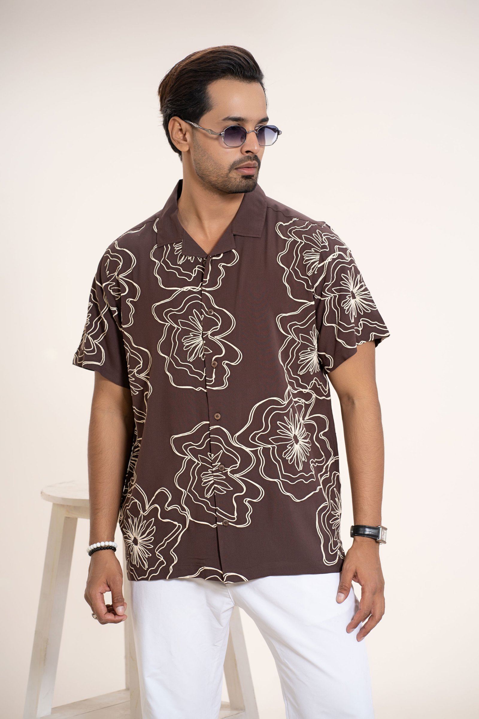 Men’s Casual Mocha Bloom Print Cuban Casual Shirt Mocha Brown gallery image