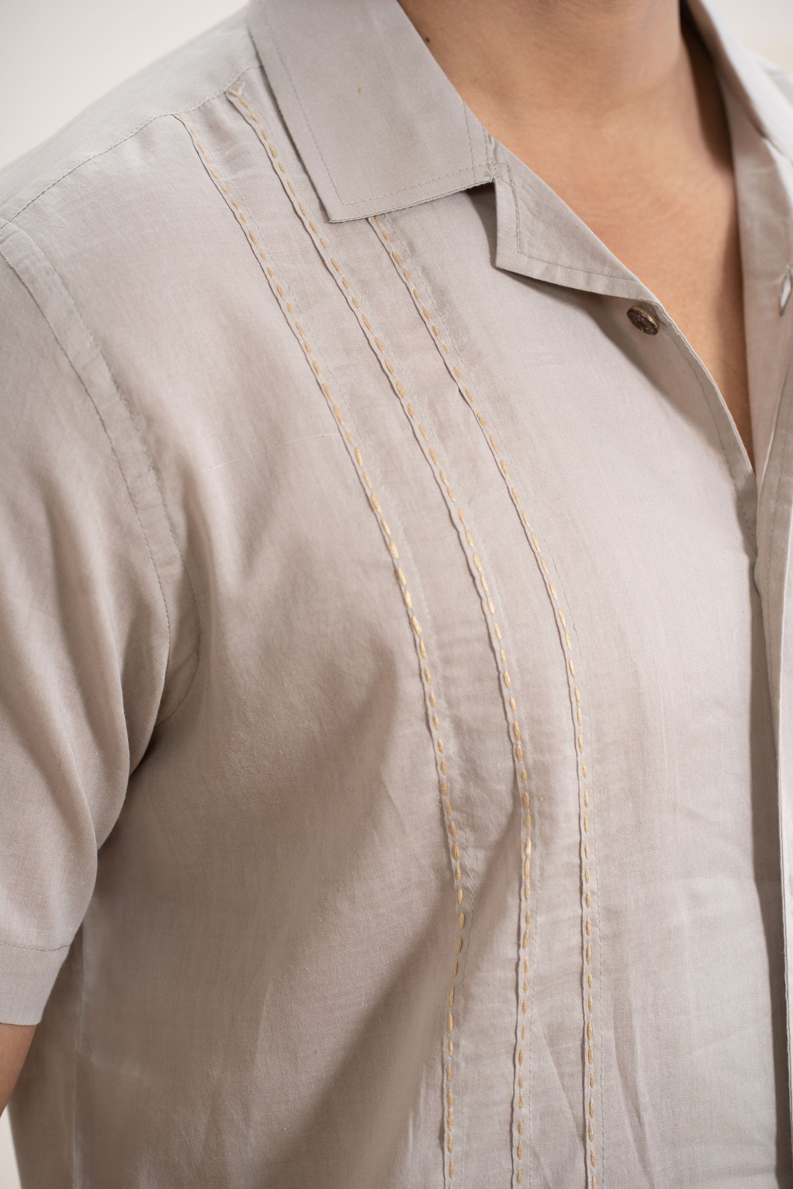 Beige Short Sleeve Relaxed Fit Spread Collar Front Panel Stitch Detail Casual Shirt White gallery image