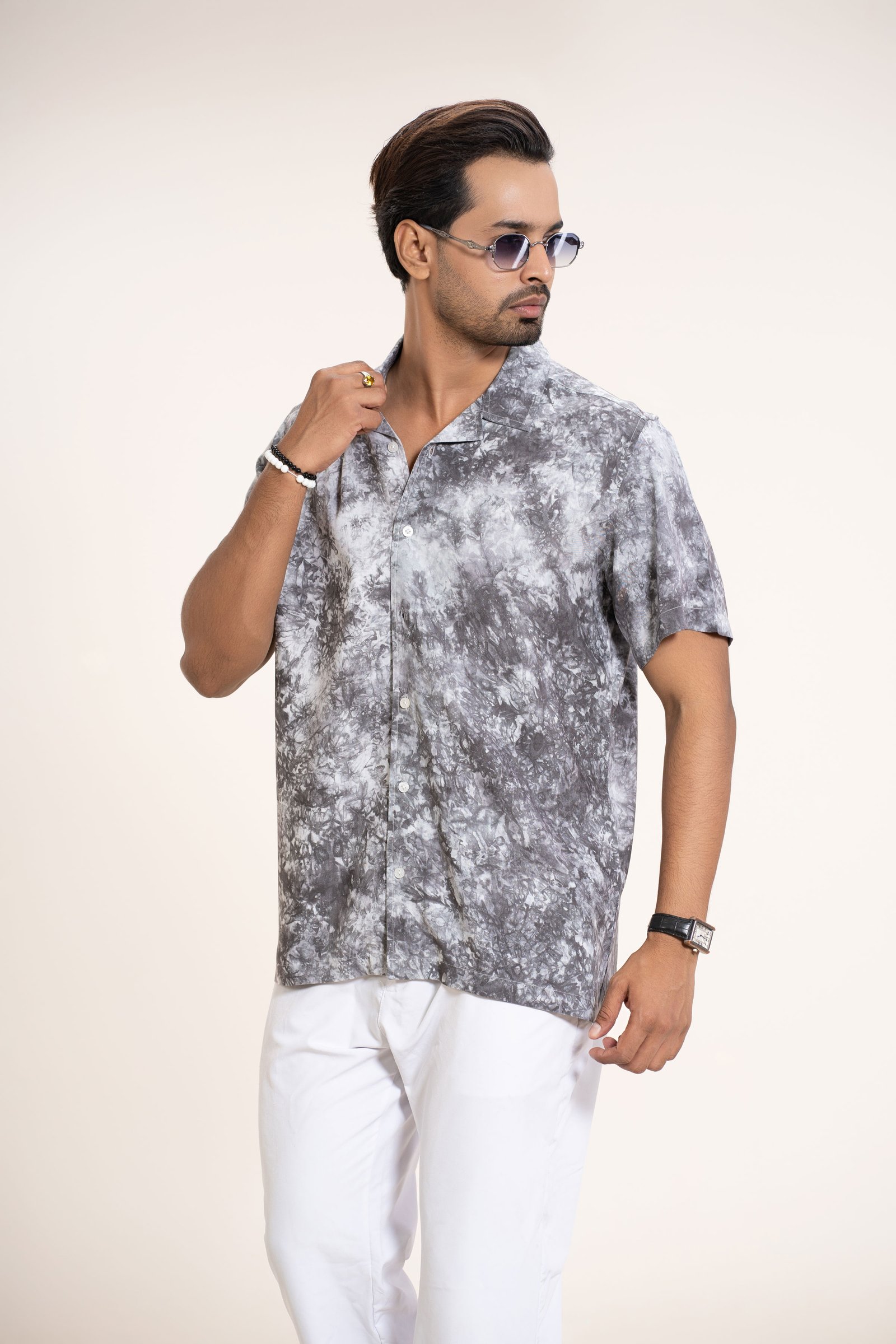 Men’s Casual Summer Marble Print Short Sleeve Shirt Grey gallery image
