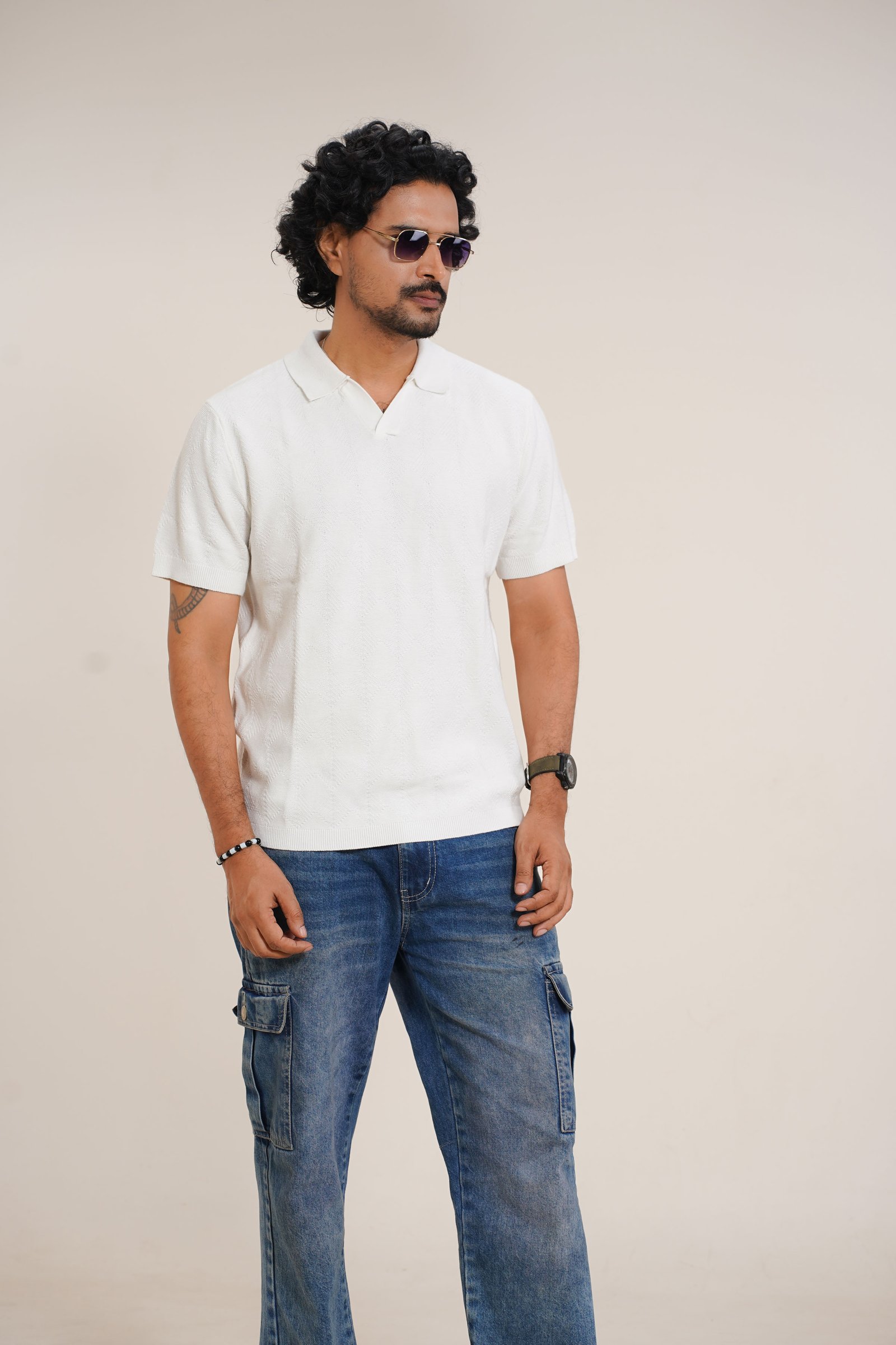 Classic White Premium Textured Knit Polo T-Shirt