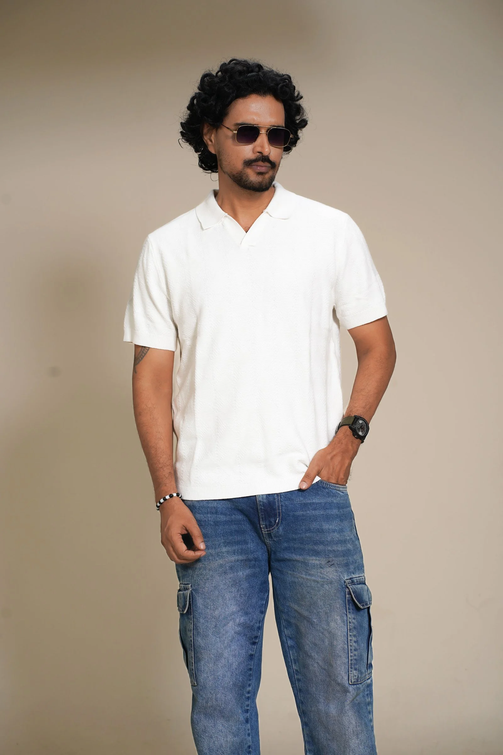 Classic White Premium Textured Knit Polo T-Shirt