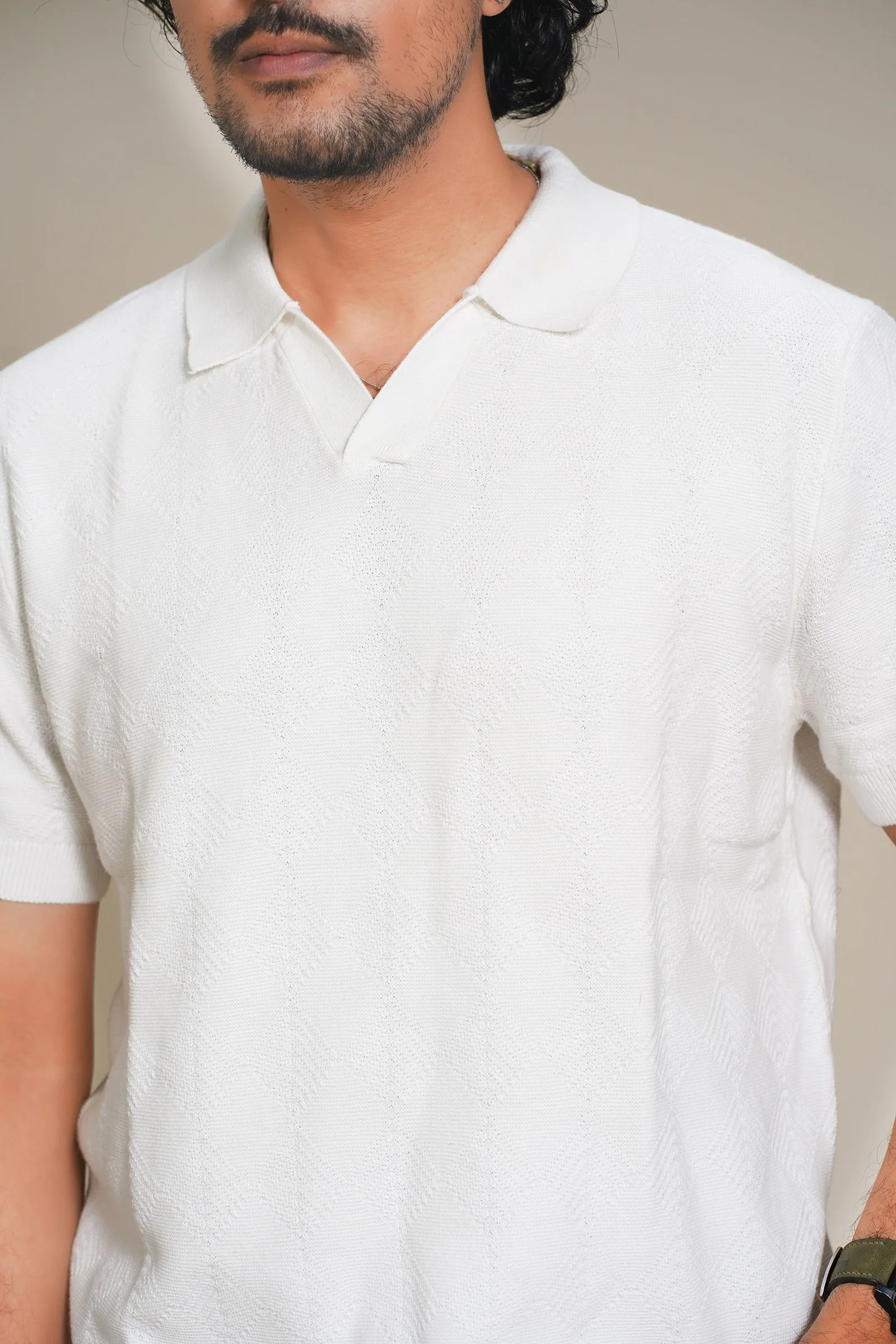 Classic White Premium Textured Knit Polo T-Shirt White gallery image