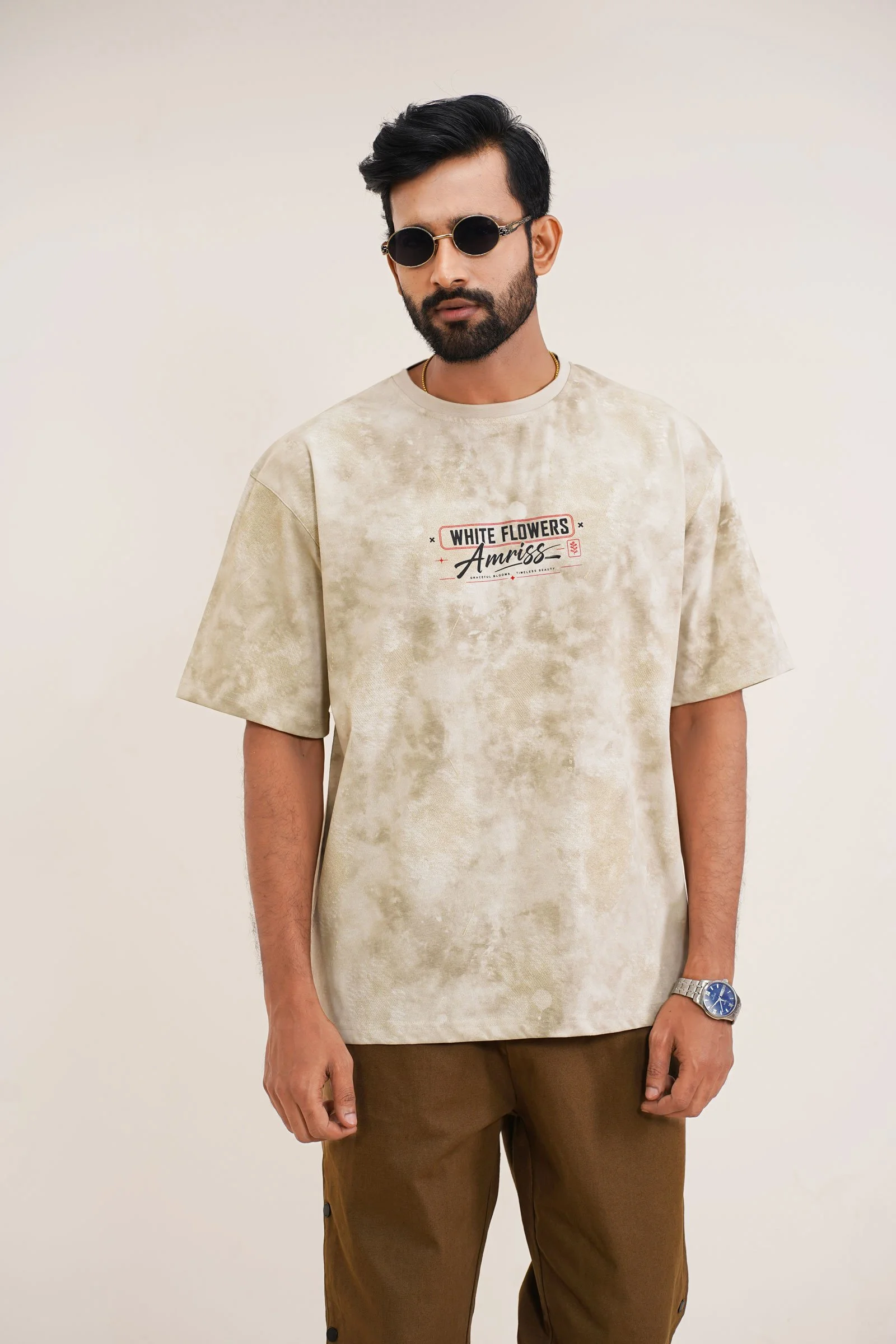Amriss White Flowers Premium Tie-Dye Oversized T-Shirt