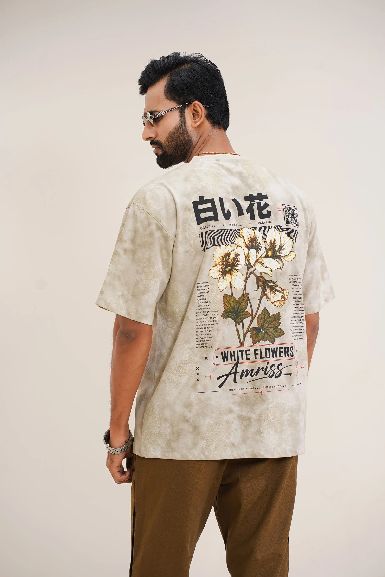 Amriss White Flowers Premium Tie-Dye Oversized T-Shirt Stone gallery image