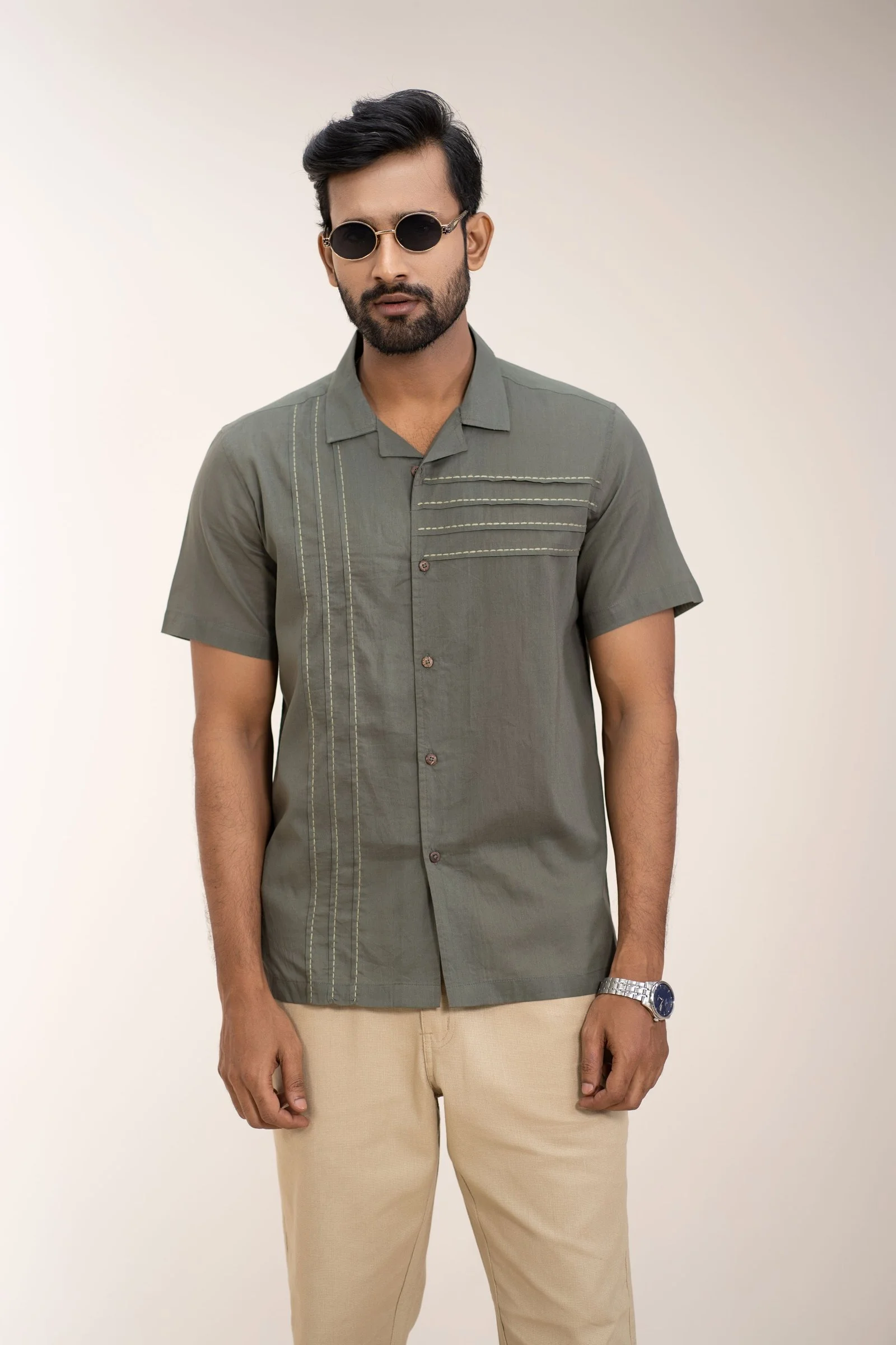 Stitch Detailing Olive Green Short Sleeve Casual Summer Wear Shirt