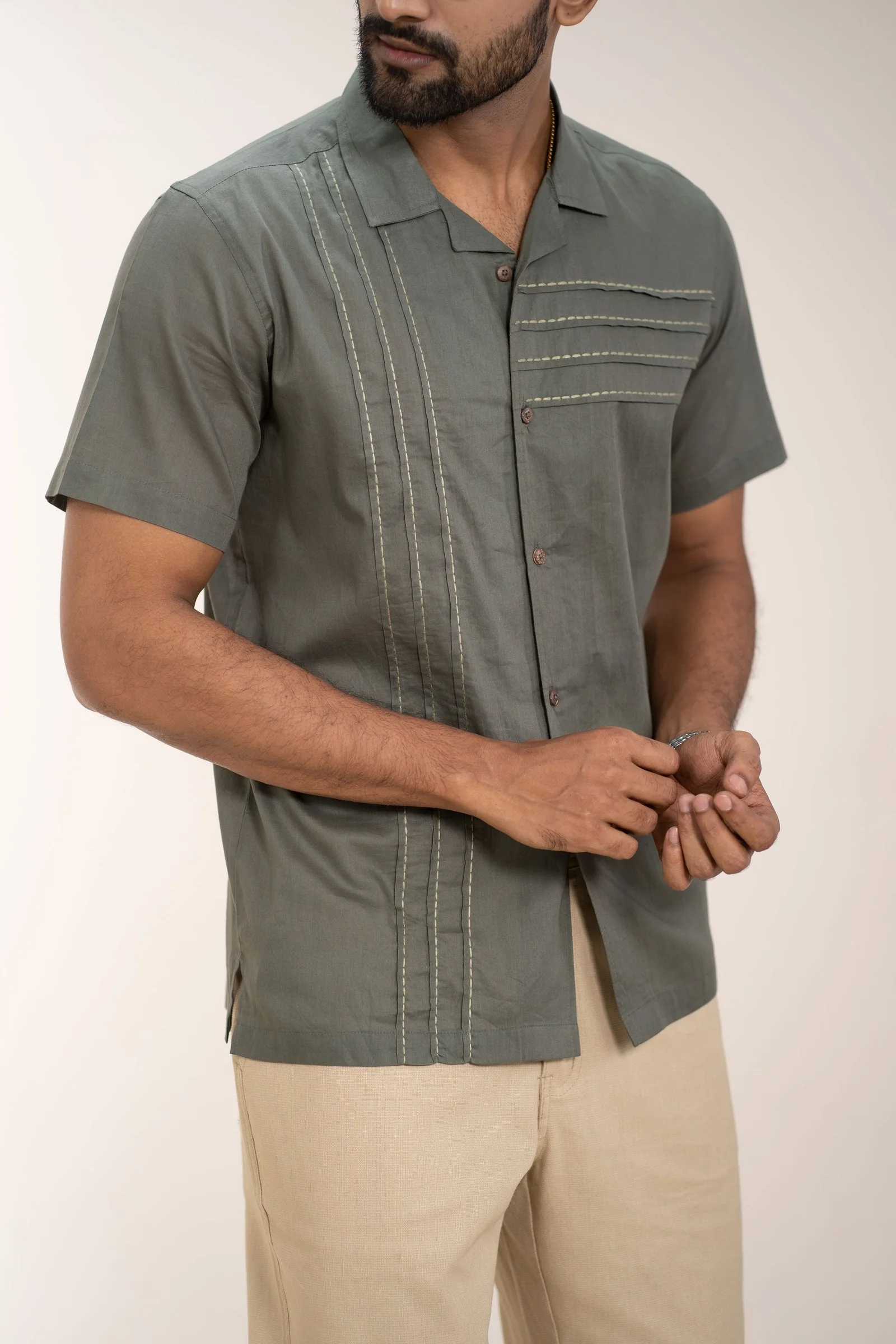 Stitch Detailing Olive Green Short Sleeve Casual Summer Wear Shirt Wenge gallery image