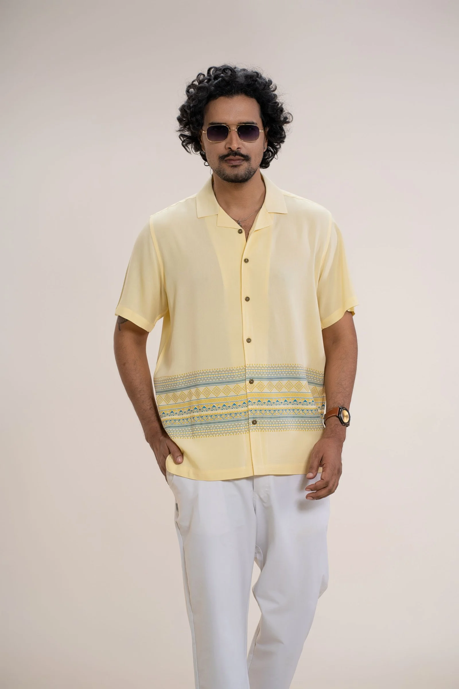 Men’s Pale Yellow Short Sleeve Relaxed Fit Geometric Printed Summer Casual Shirt