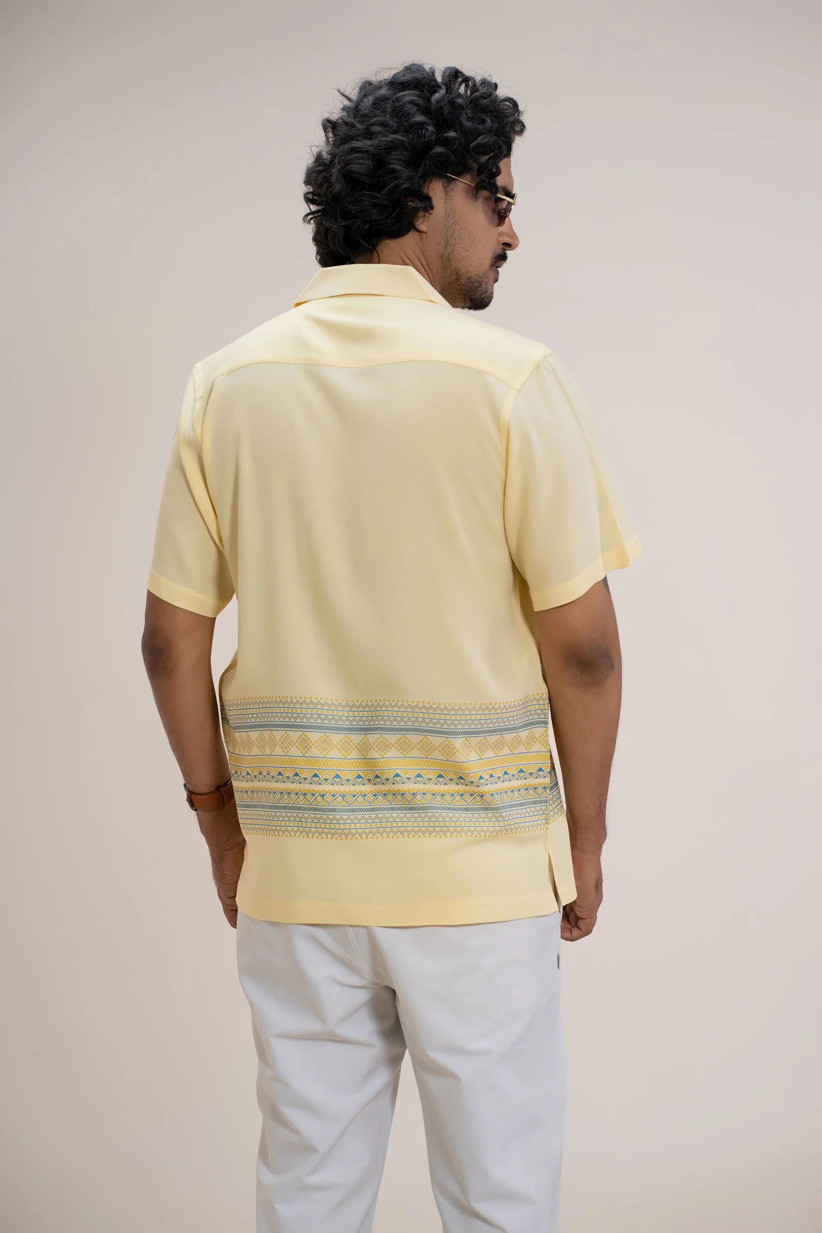 Men’s Pale Yellow Short Sleeve Relaxed Fit Geometric Printed Summer Casual Shirt Pale Yellow gallery image