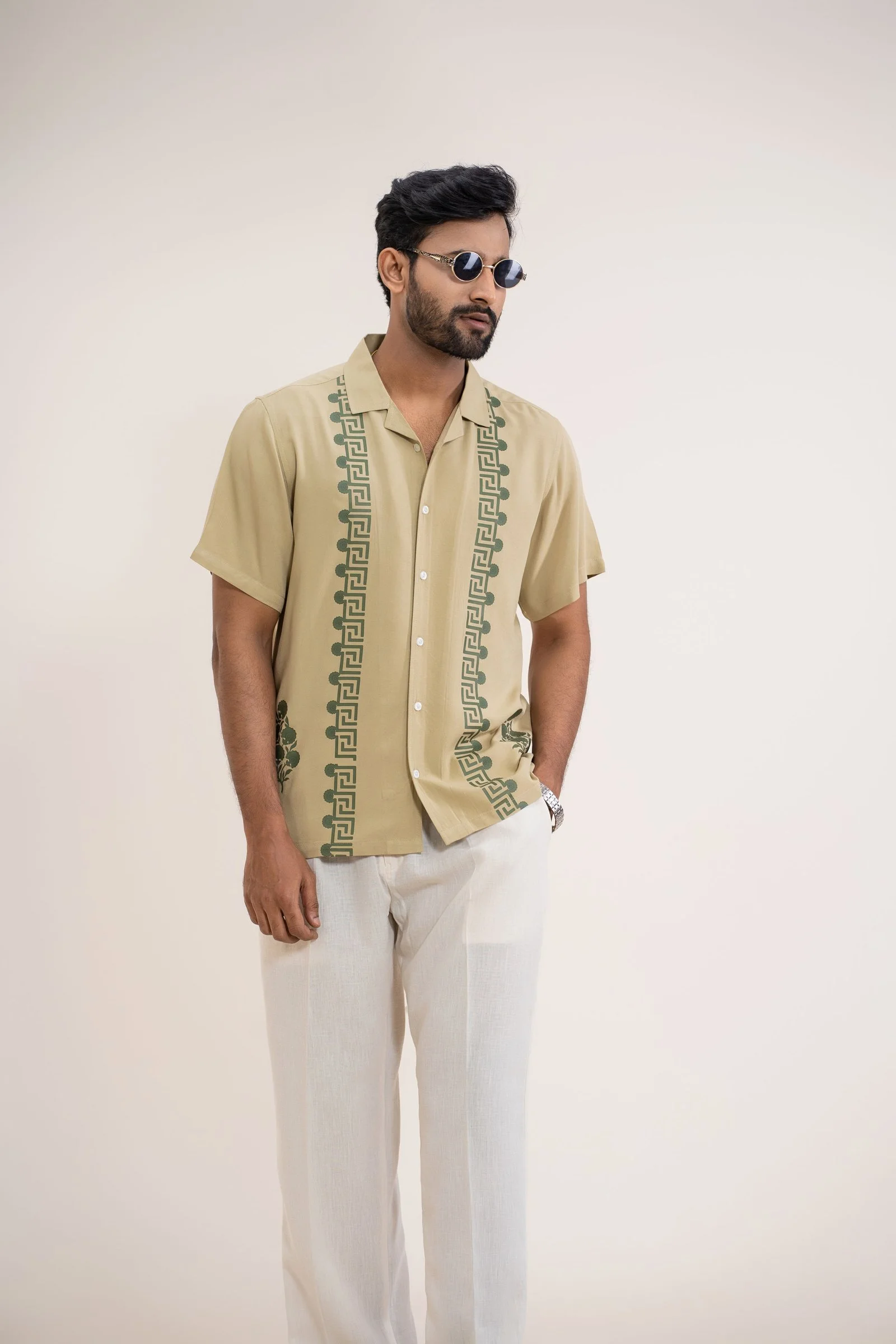 Premium Short Sleeve Printed Cuban Collar Shirt with Traditional Geometric & Floral Detailing