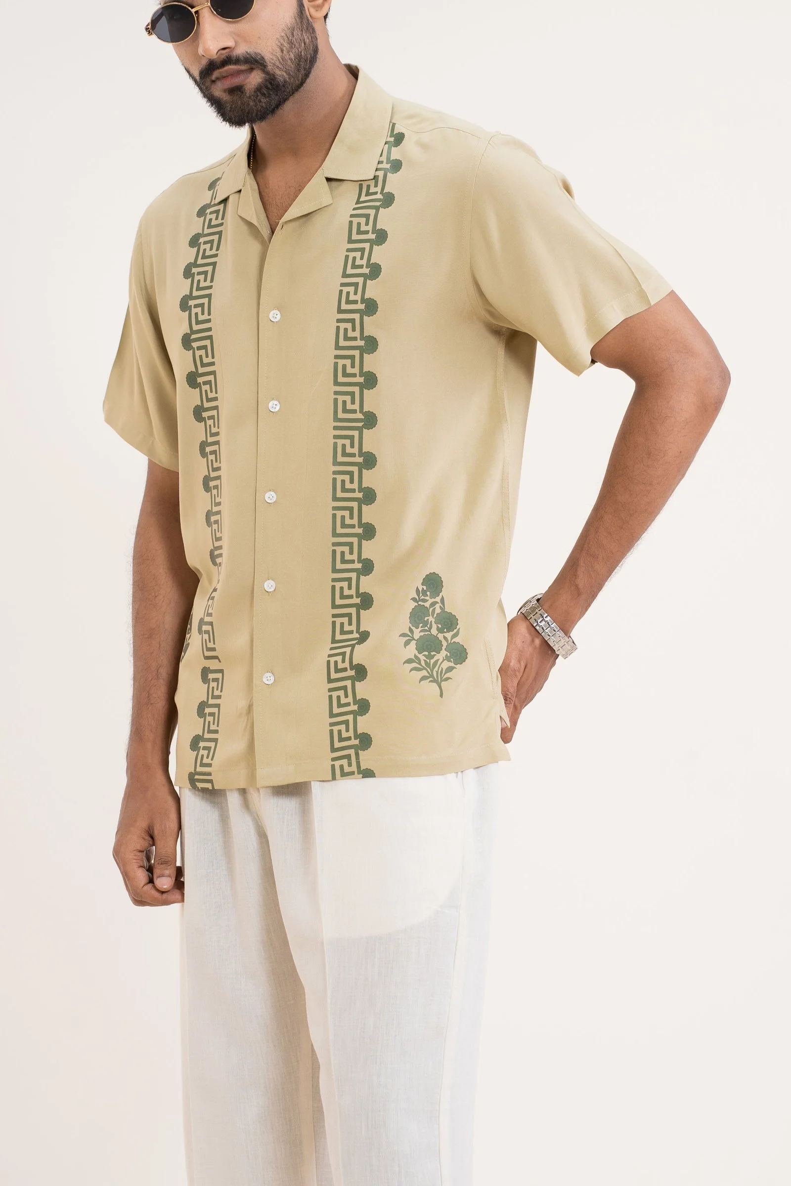 Premium Short Sleeve Printed Cuban Collar Shirt with Traditional Geometric & Floral Detailing Light Beige gallery image