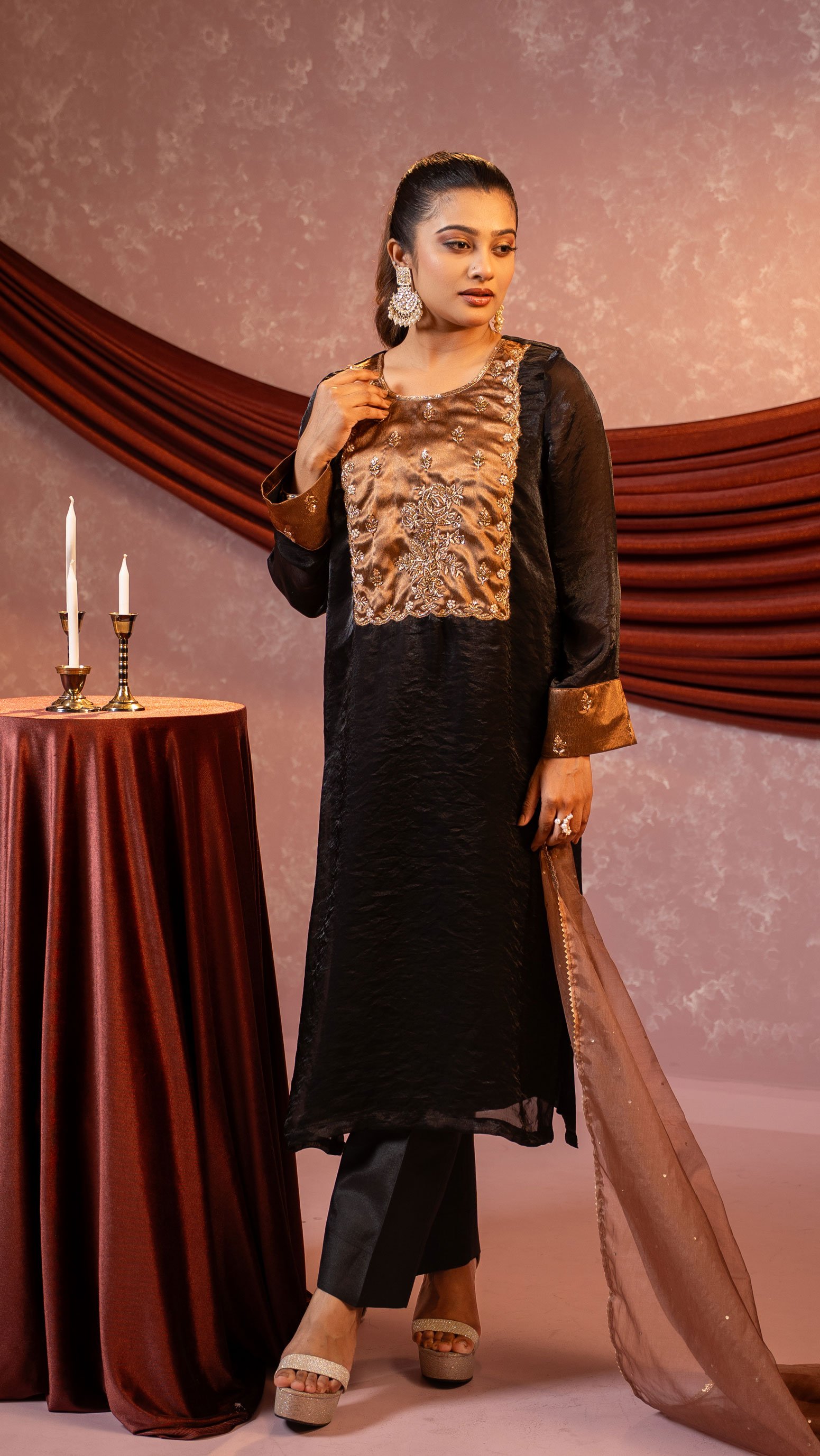 Black Organza Silk Gold Karchupi Worked 3-Piece Suit BLACK gallery image