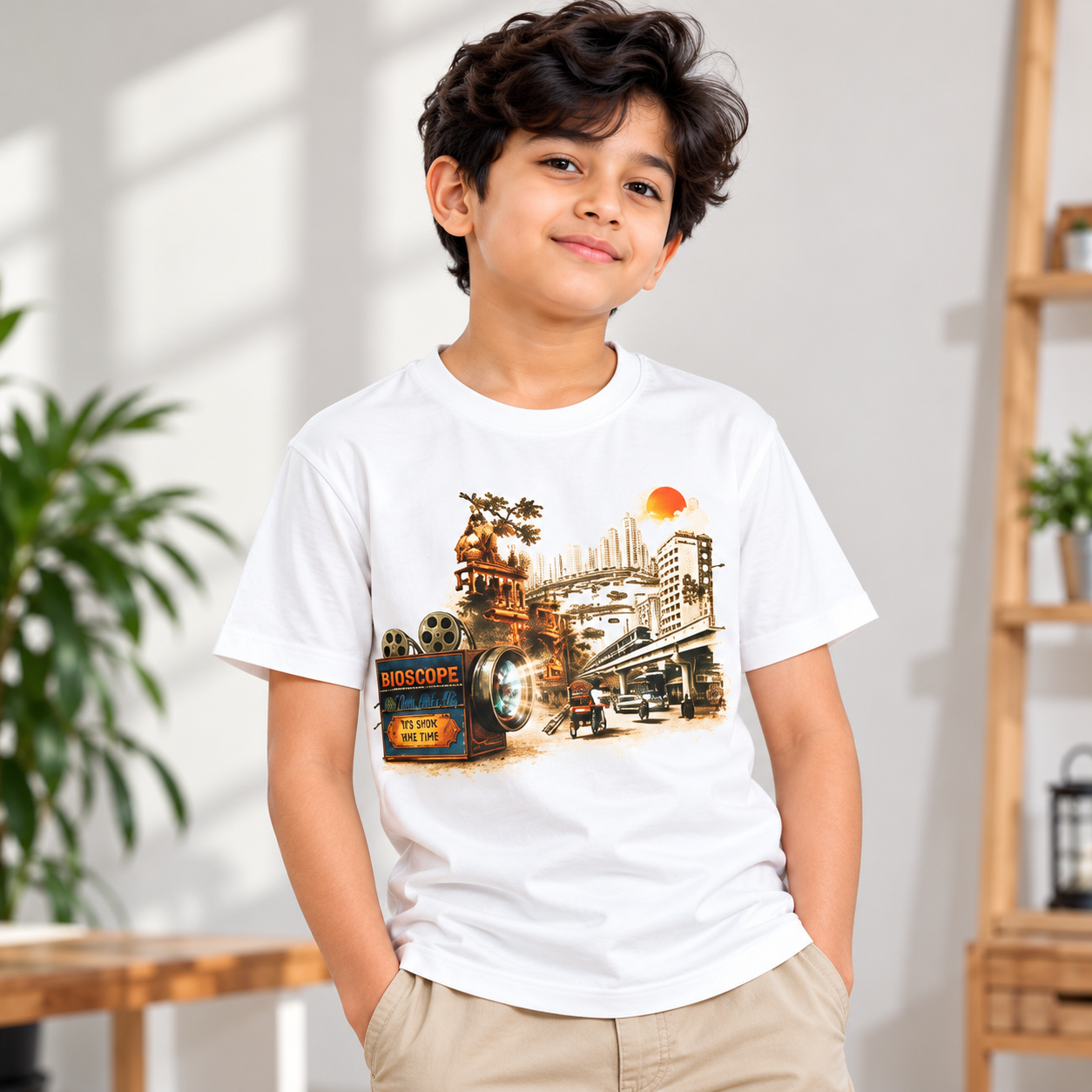 Boys’ White Retro Bioscope Cityscape Graphic Print T-Shirt
