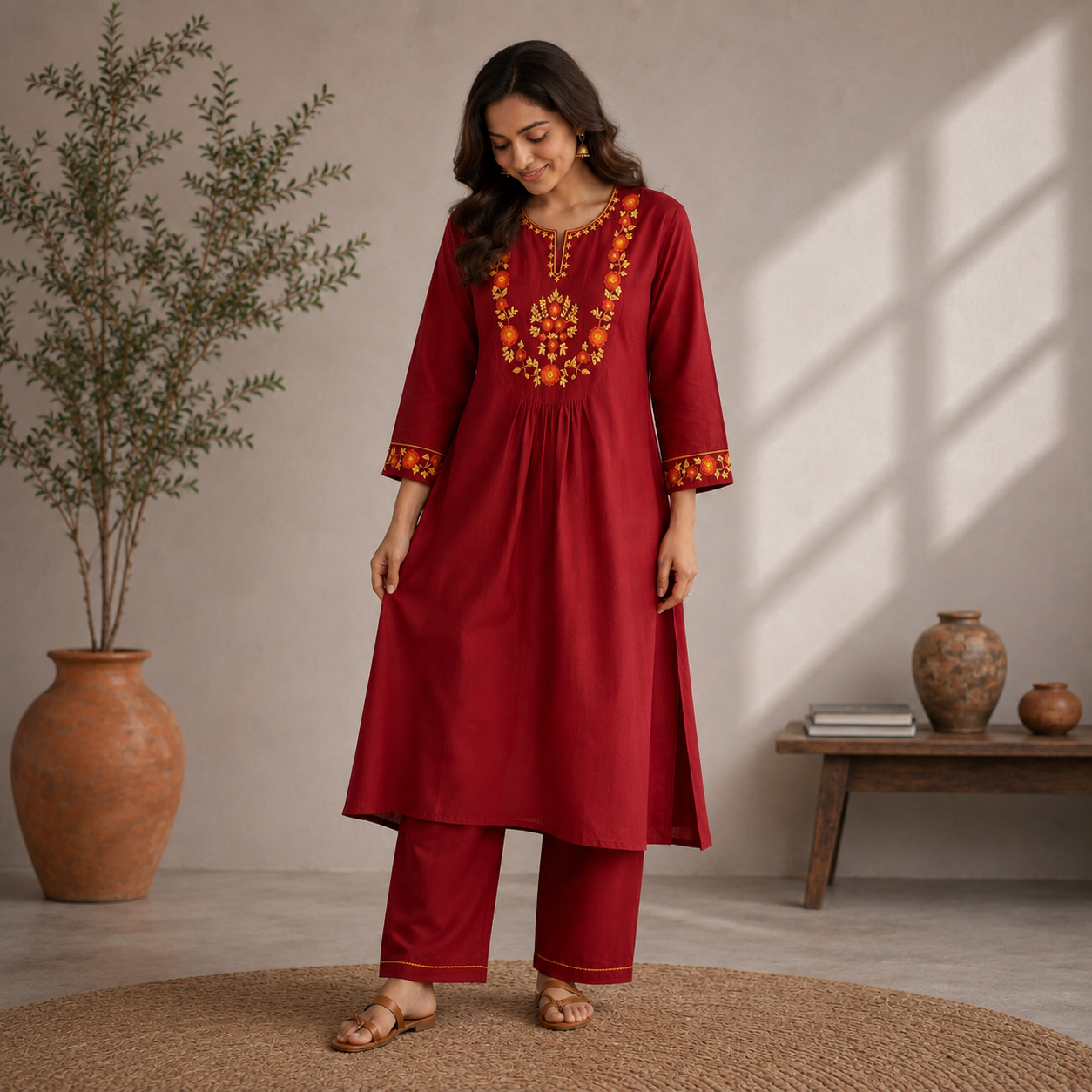 Burgundy Floral Embroidered Co-Ords Two Piece Set