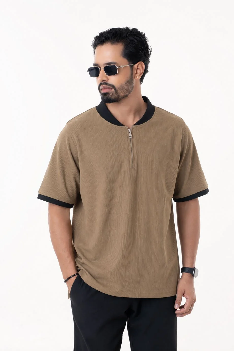 Men’s Textured Ribbed Half-Zip Short Sleeve Contrast Trim Casual Polo
