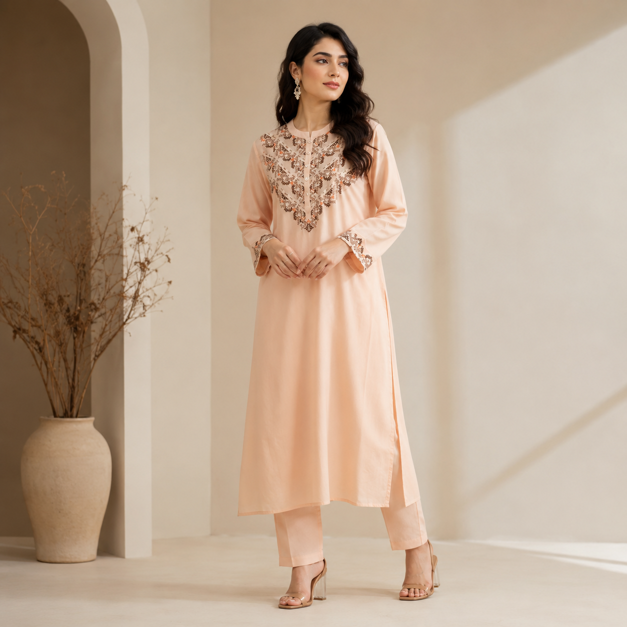 Detailed Neck Work Peach Embroidered Women's Kurta One Piece Straight Fit Traditional Suit