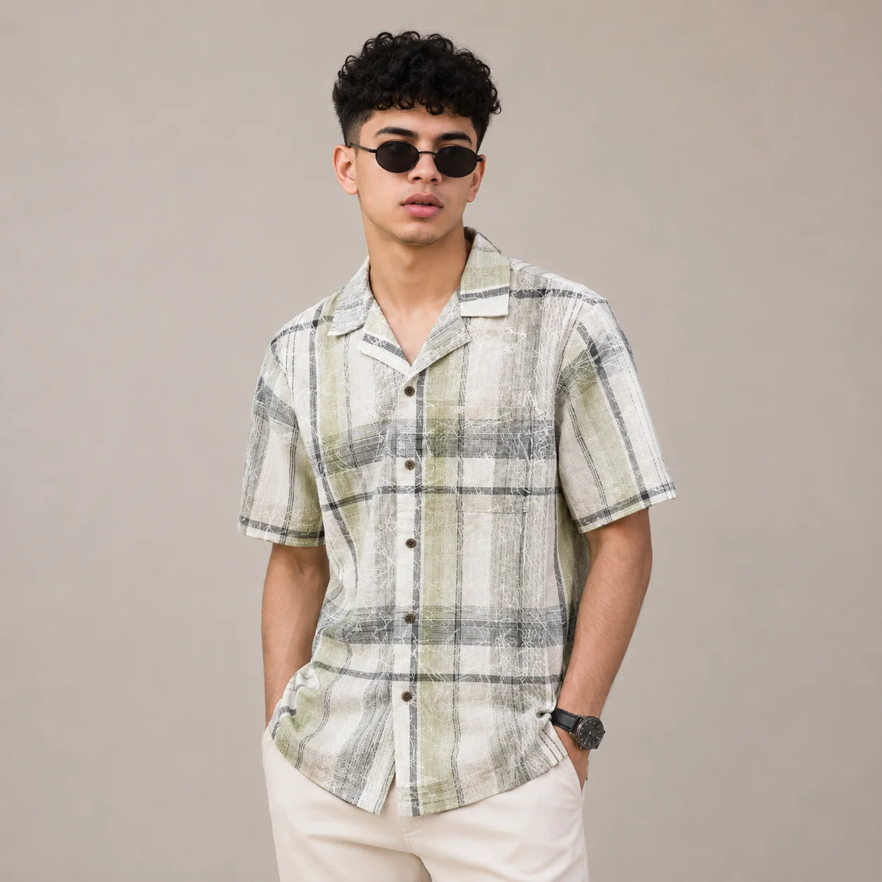 Men’s Off-White Abstract Linear Check Cuban Collar Shirt