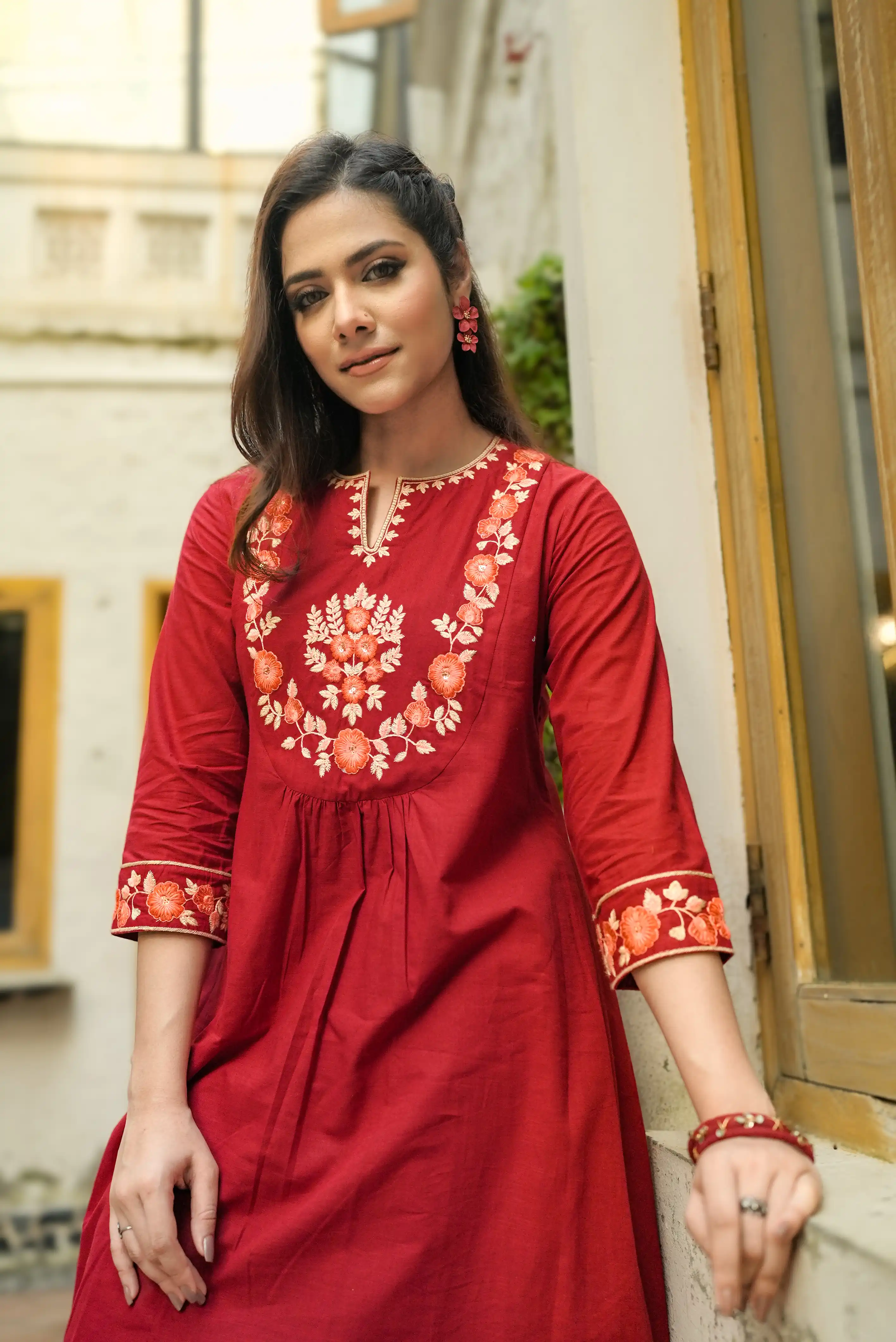 Burgundy Floral Embroidered Co-Ords Two Piece Set