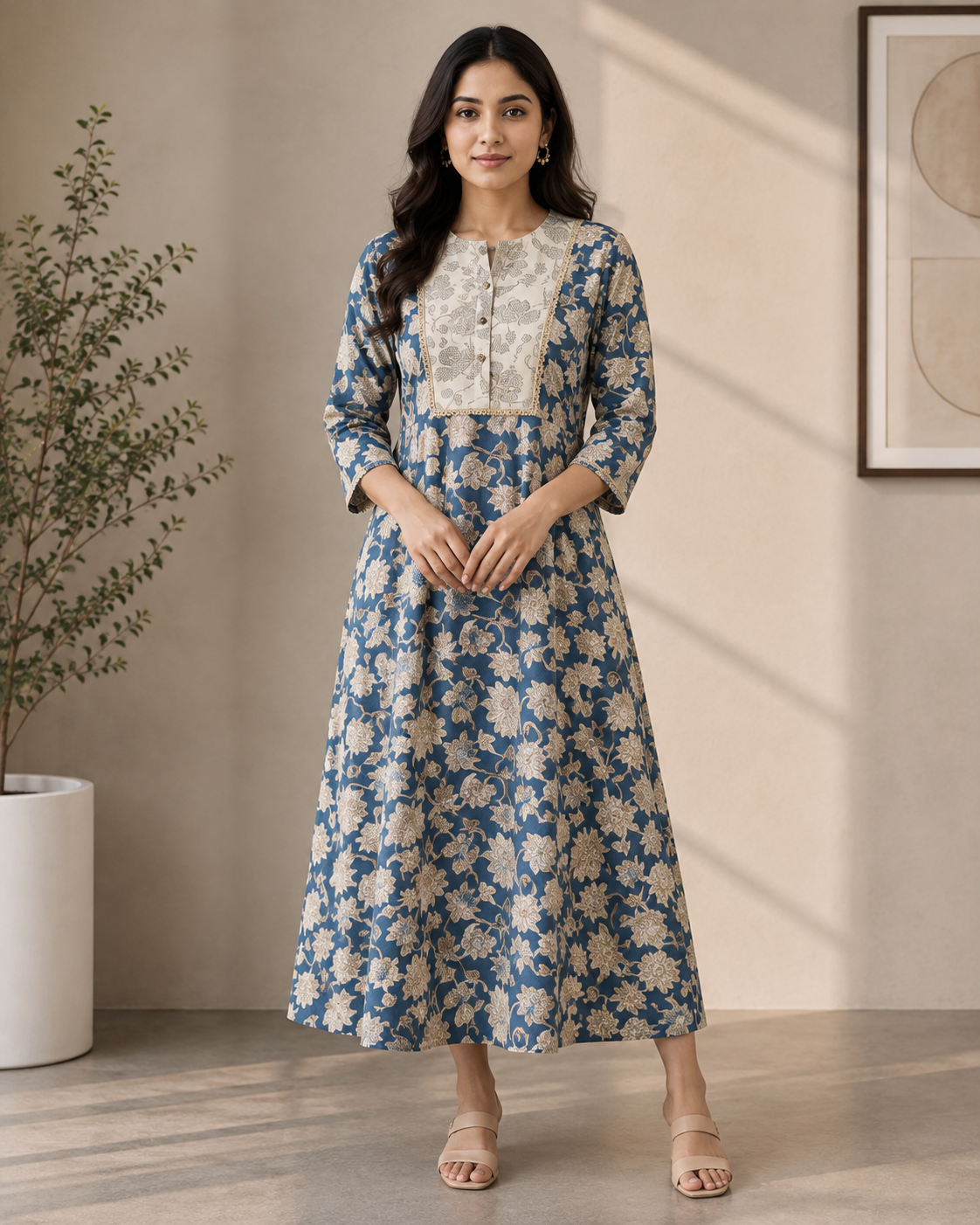 Blue Floral Printed A-Line Kurti for Women