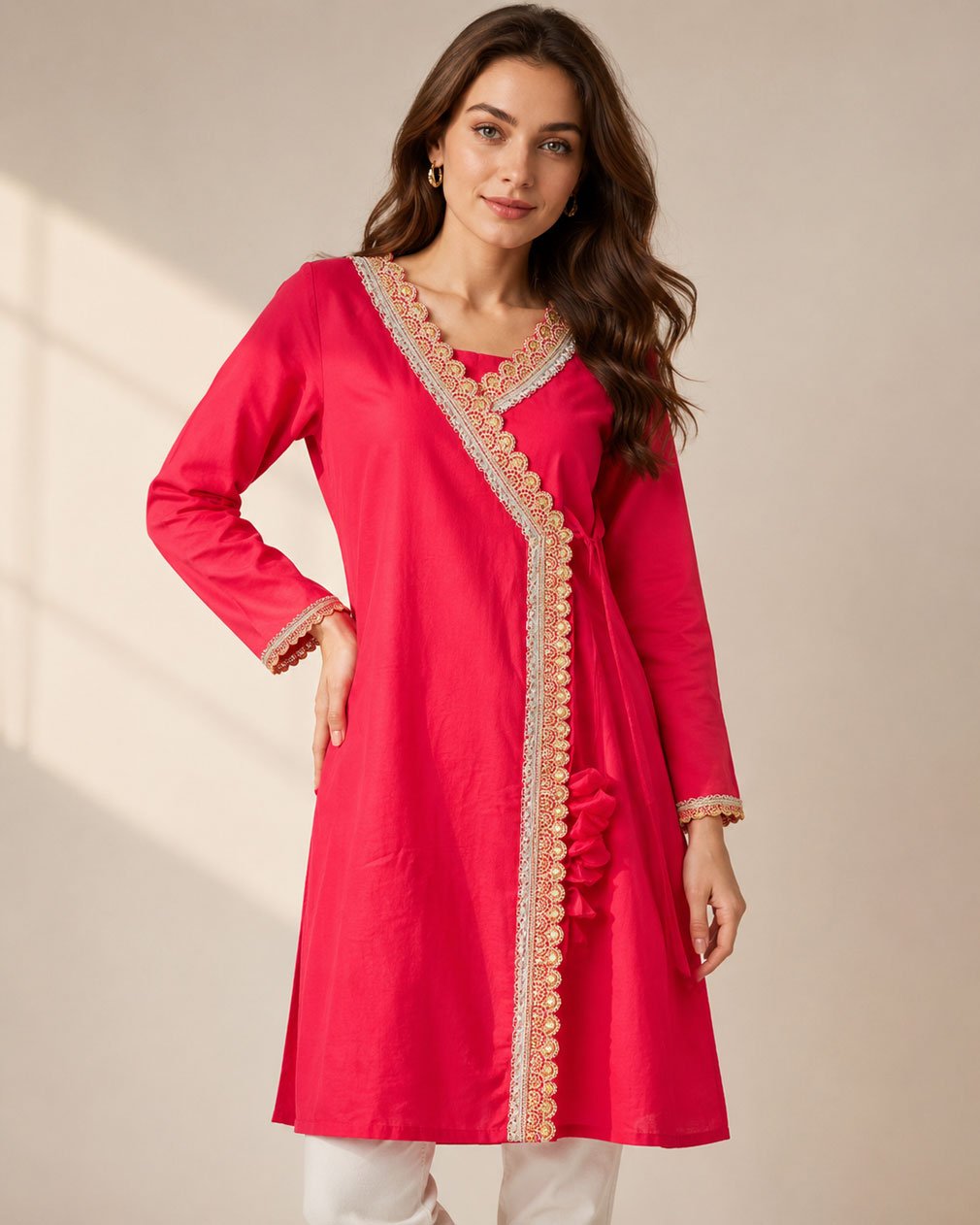 Women’s Lace Worked Bright Pink Angrakha Dress Bright Pink gallery image