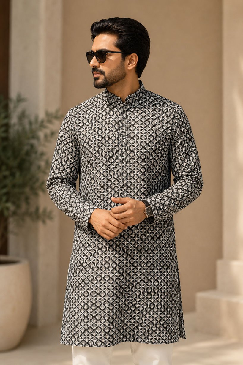 Men’s Geometric Printed Panjabi Full Sleeve Traditional Panjabi with Contemporary Pattern BLACK gallery image