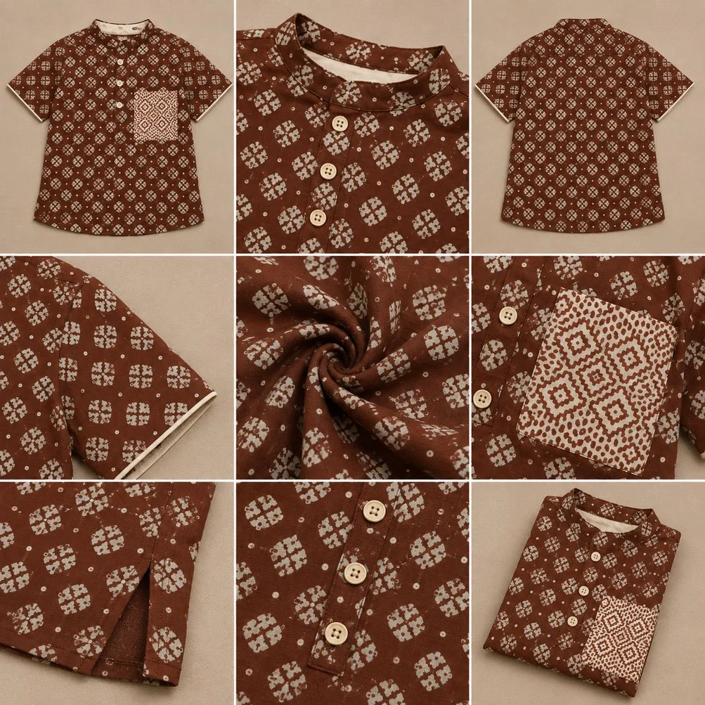 Men’s Traditional Printed Fotua with Short Sleeves & Front Patch Pocket Maroon gallery image
