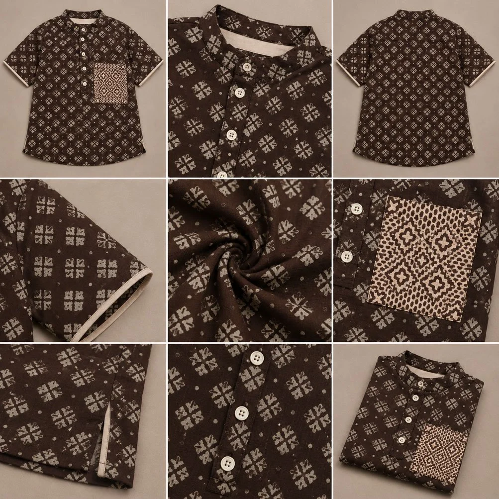 Kids Boys Printed Cotton Fotua with Mandarin Collar Dark Brown gallery image