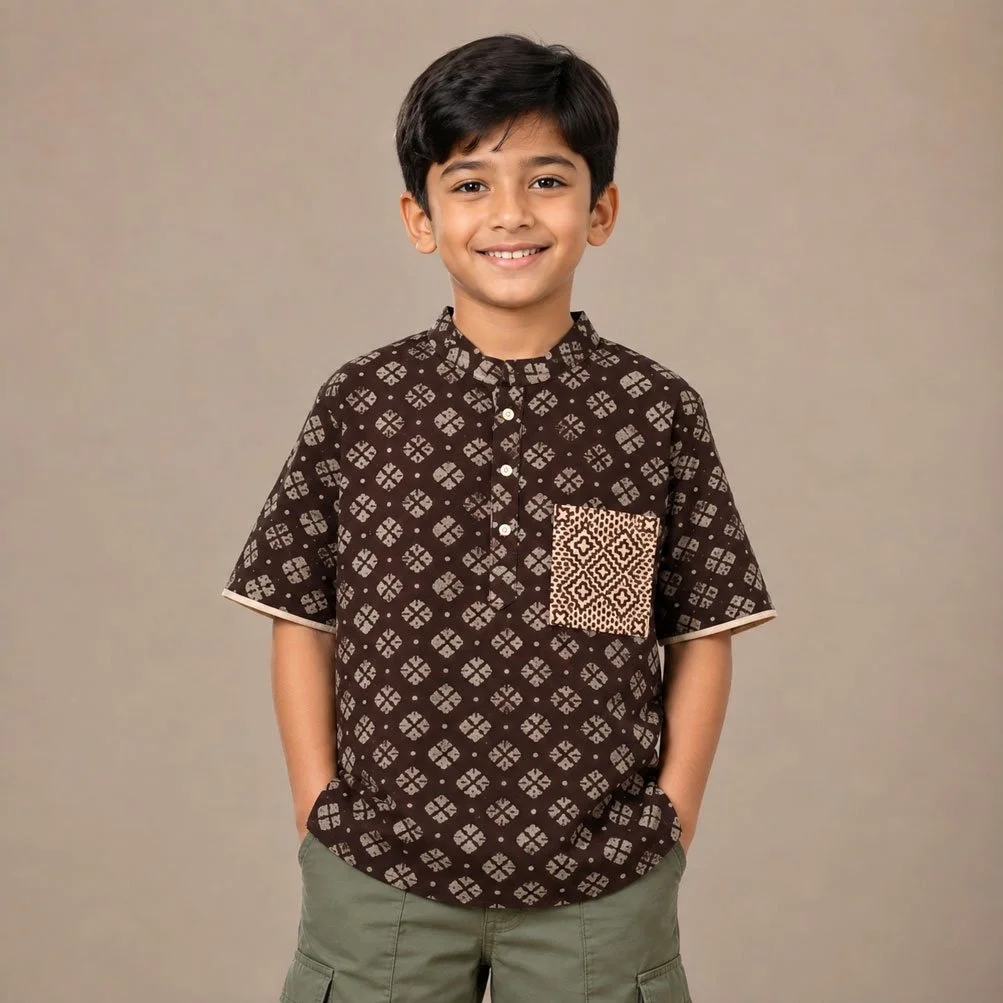 Kids Boys Printed Cotton Fotua with Mandarin Collar