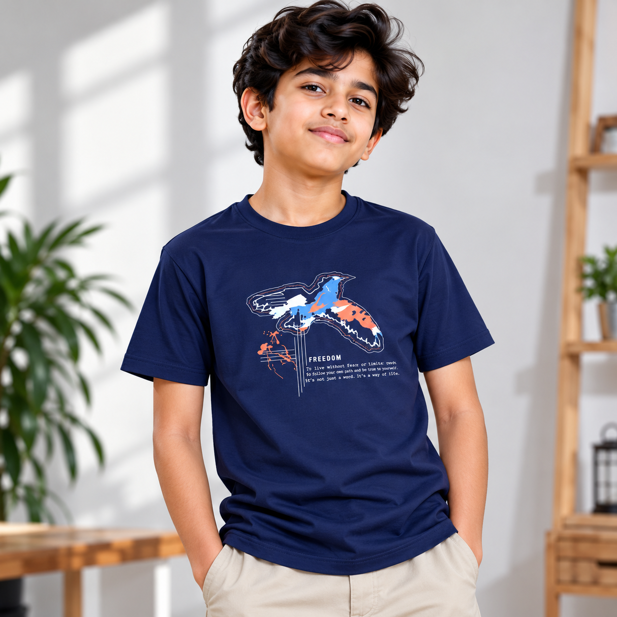 Boys’ Navy Blue Freedom Graphic Print Cotton T-Shirt