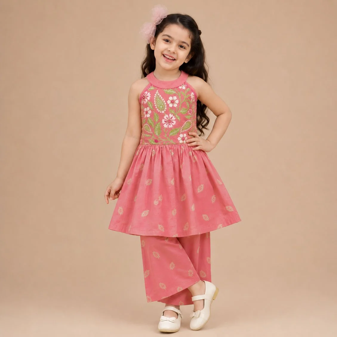 Girls’ Coral Pink Floral Printed Flared Tunic Top Frock
