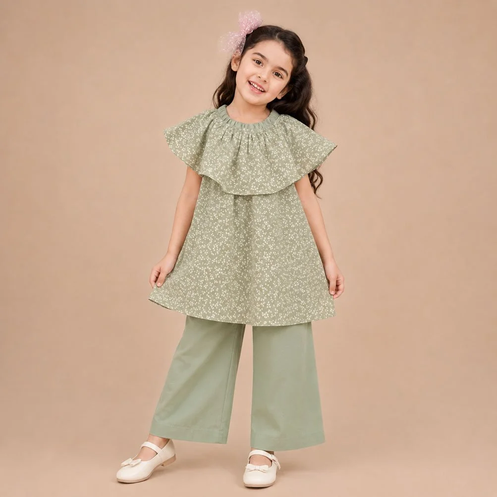 Kids Girls Floral Cotton Co-Ord Set with Layered Cape Top & Palazzo Pants