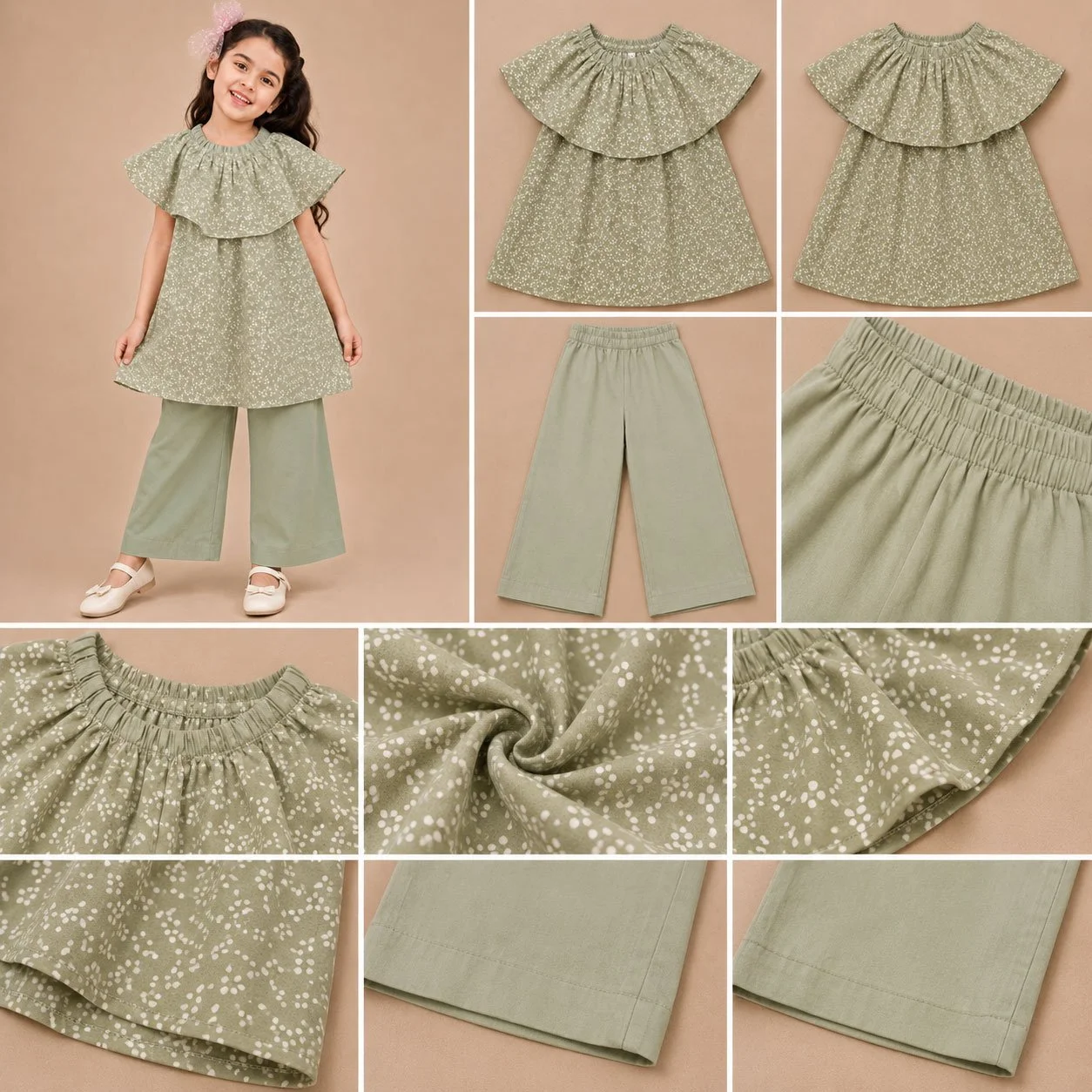 Kids Girls Floral Cotton Co-Ord Set with Layered Cape Top & Palazzo Pants Sage Green gallery image