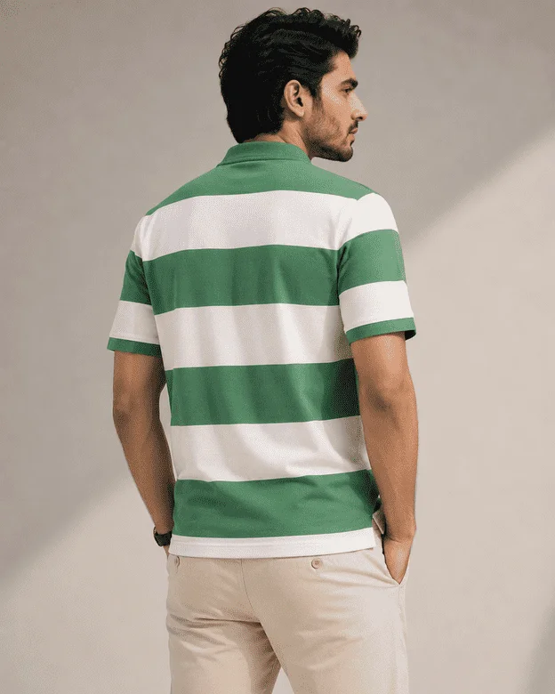 Men’s Green & White Striped Cotton Polo Shirt – Mandarin Collar Green & White gallery image