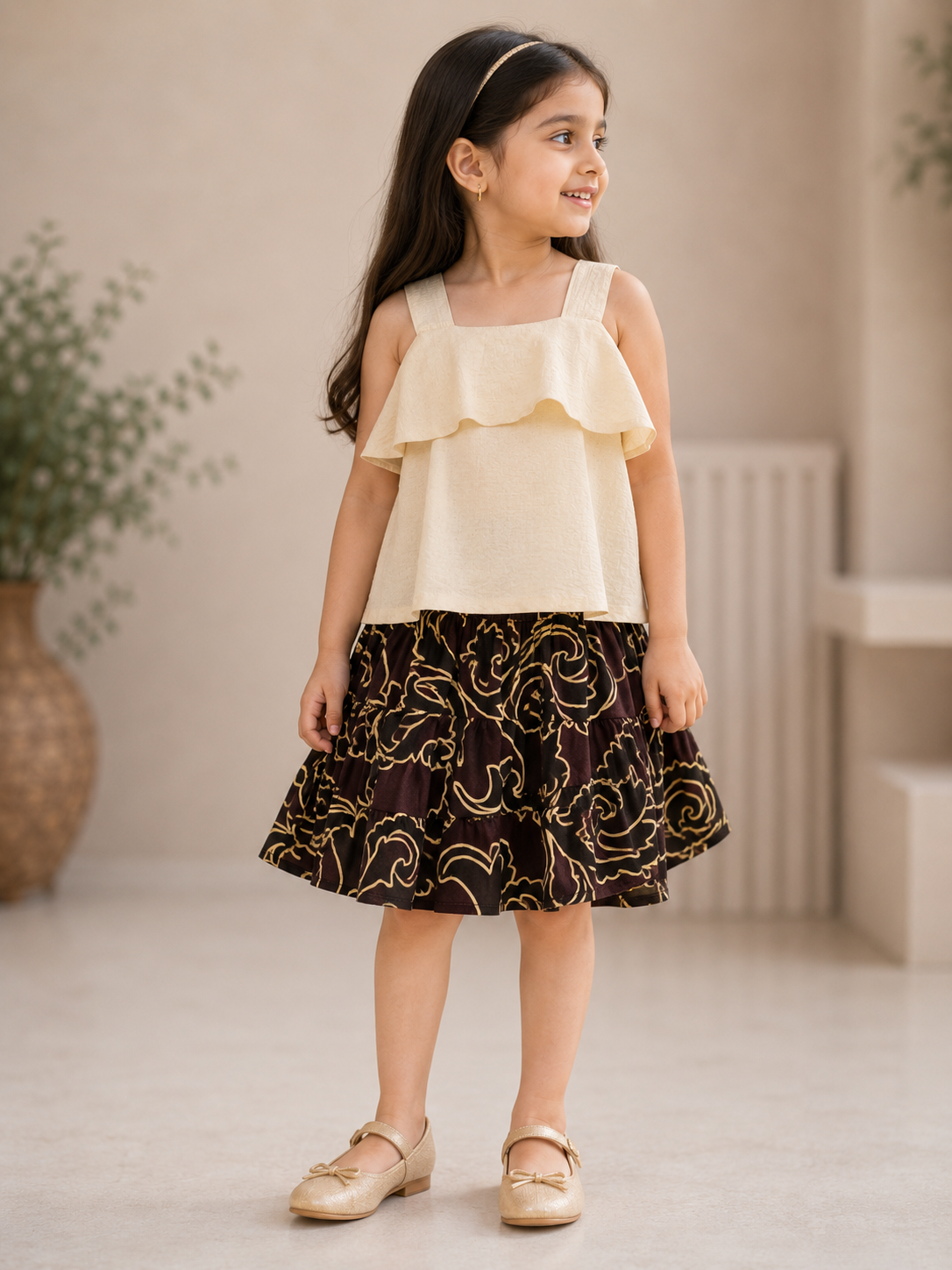Elegant Ruffle Top & Printed Tiered Skirt Set for Girls Off-White gallery image