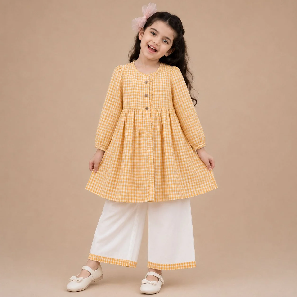 Girls Yellow Gingham Cotton Dress with Flared Skirt & Coordinated Wide-Leg Pants Set