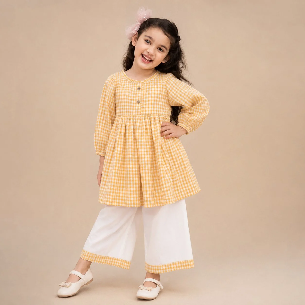 Girls Yellow Gingham Cotton Dress with Flared Skirt & Coordinated Wide-Leg Pants Set YELLOW gallery image