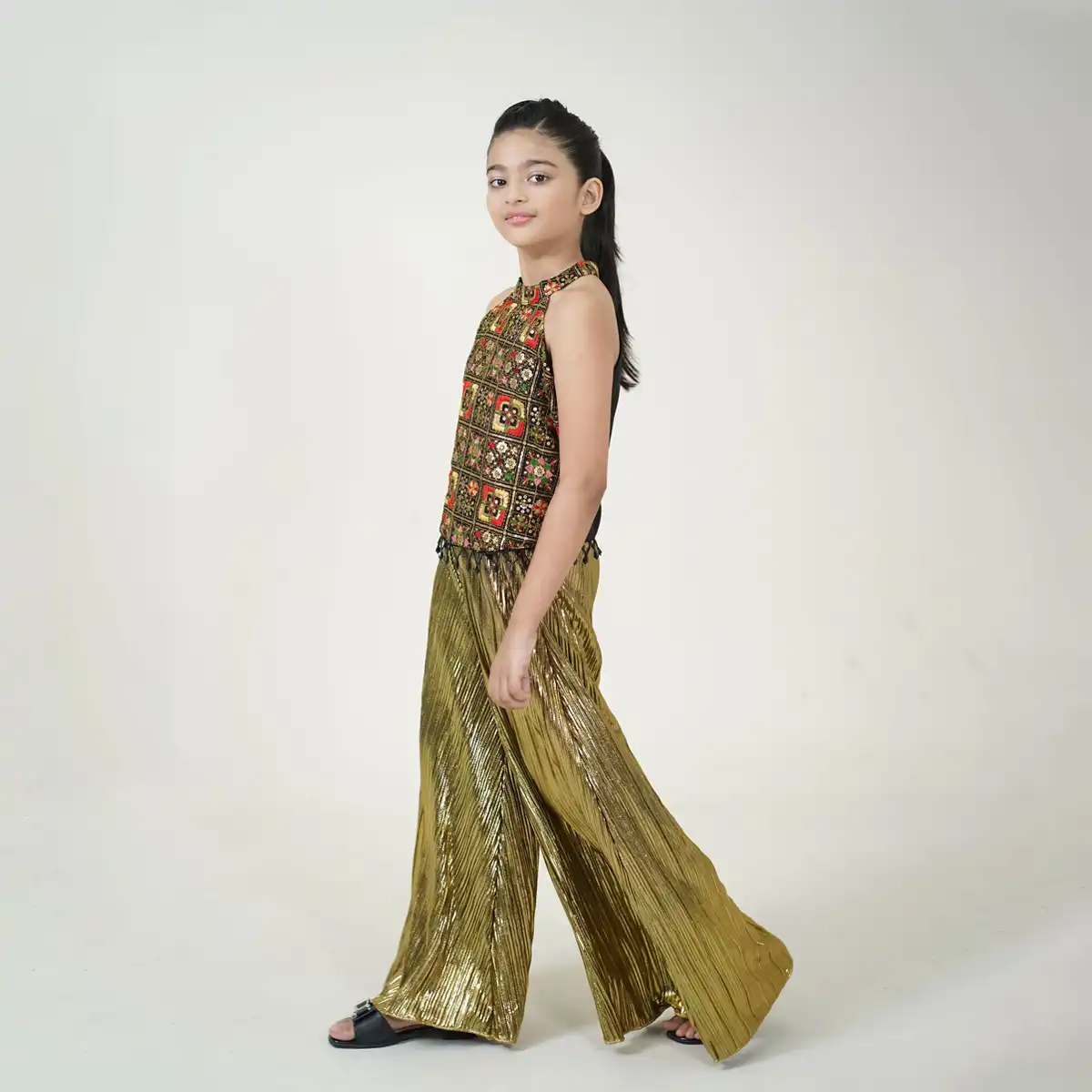 Girls Ethnic Embroidered Halter Top with Metallic Pleated Wide Leg Pants Party Set