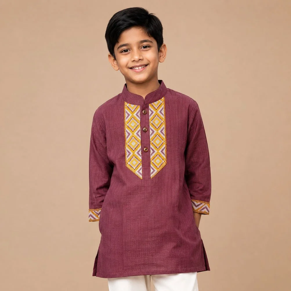 Maroon Geometric Embroidered Boys’ Traditional Panjabi