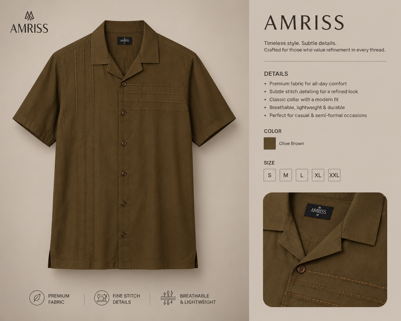 Premium Men's Solid Cuban Collar Shirt OLIVE gallery image