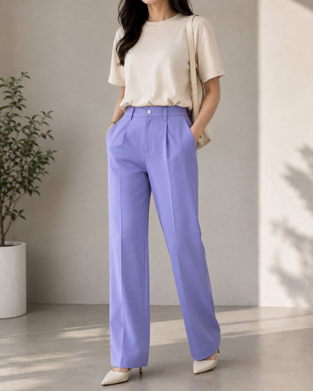 Pastel Lavender Wide-Leg Formal Trousers