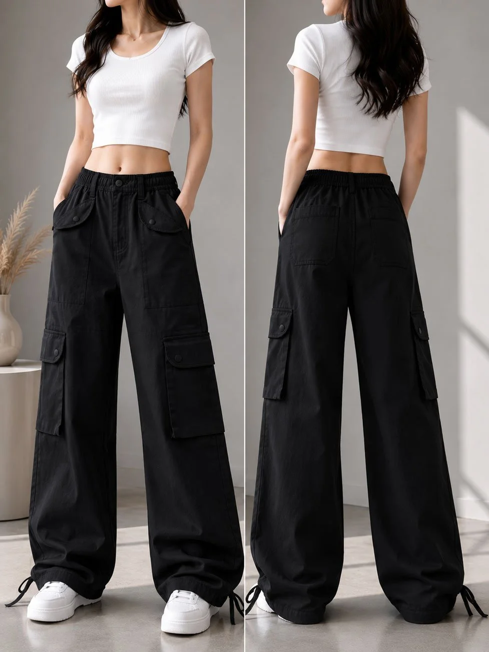 Women’s Baggy Oversized Black Twill Cargo Pant