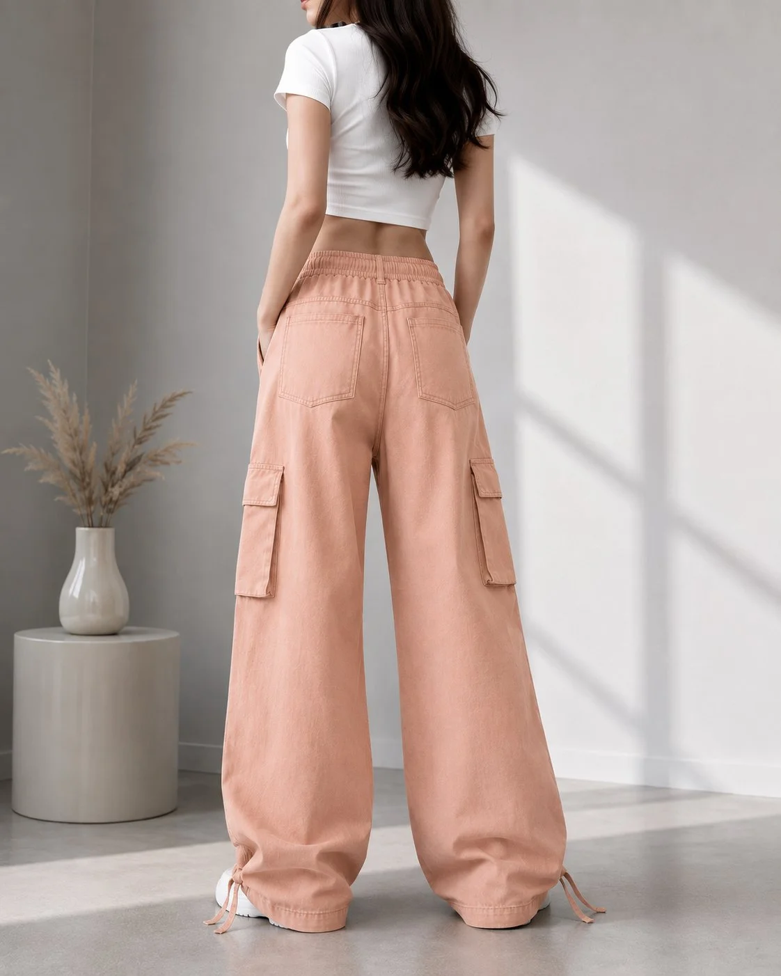 Women’s Oversized Baggy Cargo Pants Peach Pink gallery image