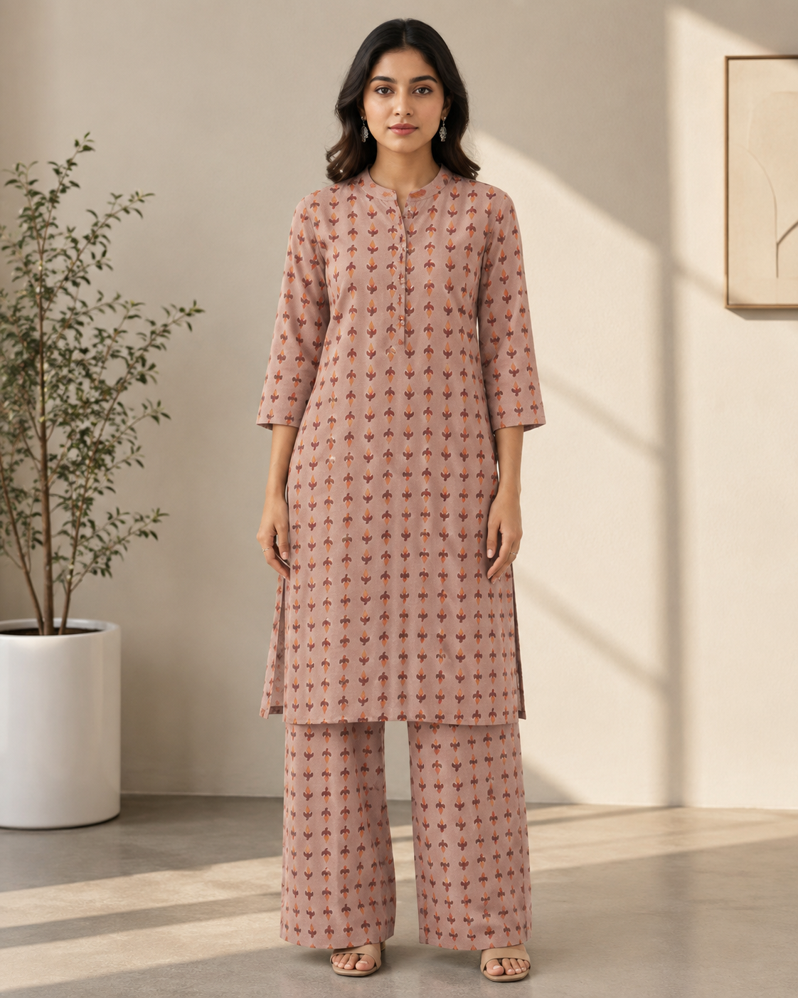 Printed Straight Kurti with Wide-Leg Palazzo Set Peach gallery image