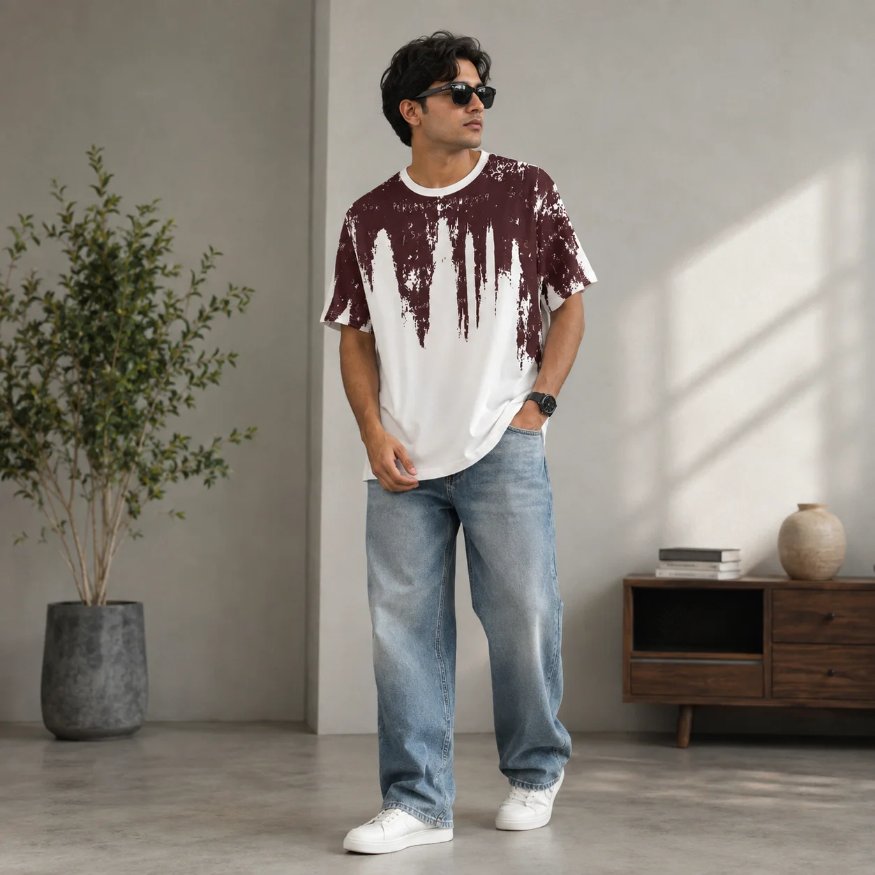 Urban Burgundy Splash Drop Shoulder Tee