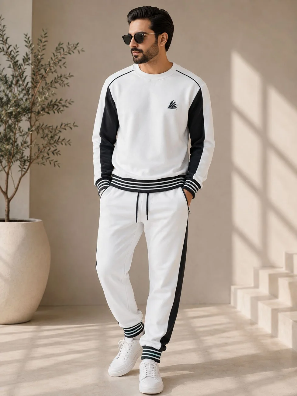 Black & White Contrast Panel Tracksuit Set